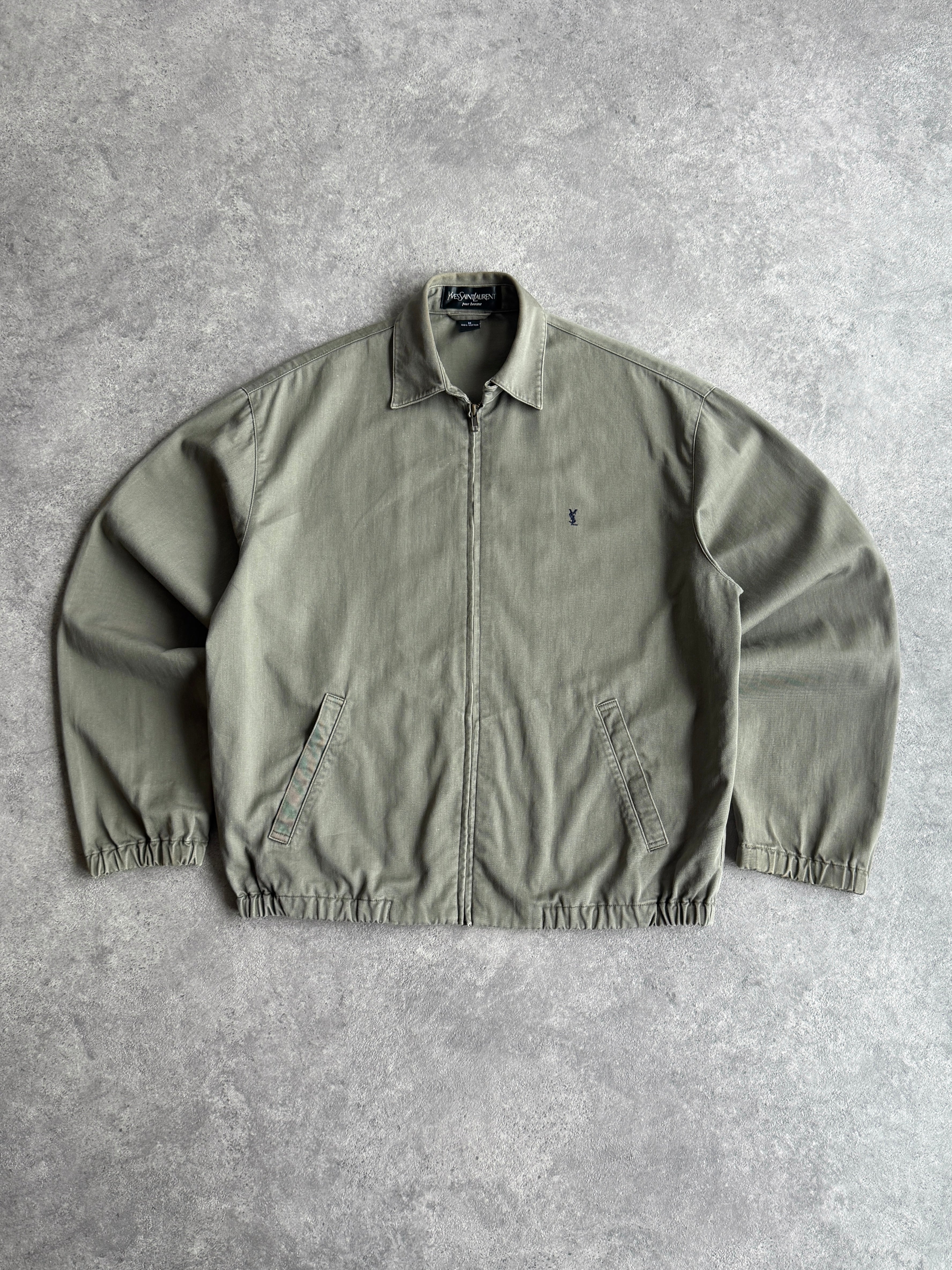 yves saint laurent 2000s embroidered harrington jacket in olive, front view