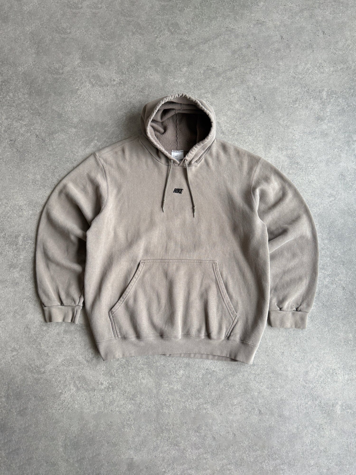 nike 2003 heavyweight embroidered spellout hoodie in beige, front view