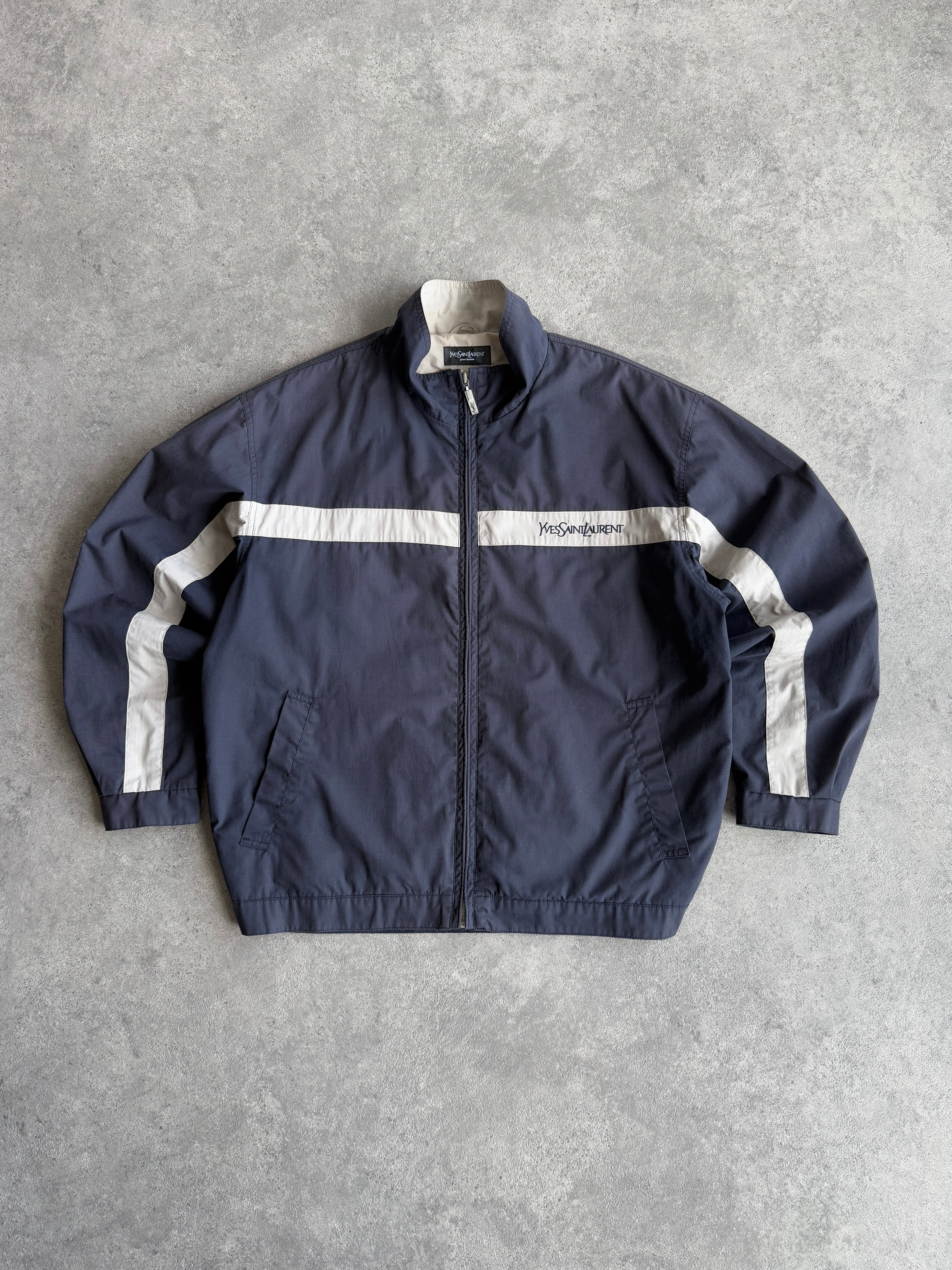 yves saint laurent 2001 lightweight spellout shell jacket in navy and cream, front view
