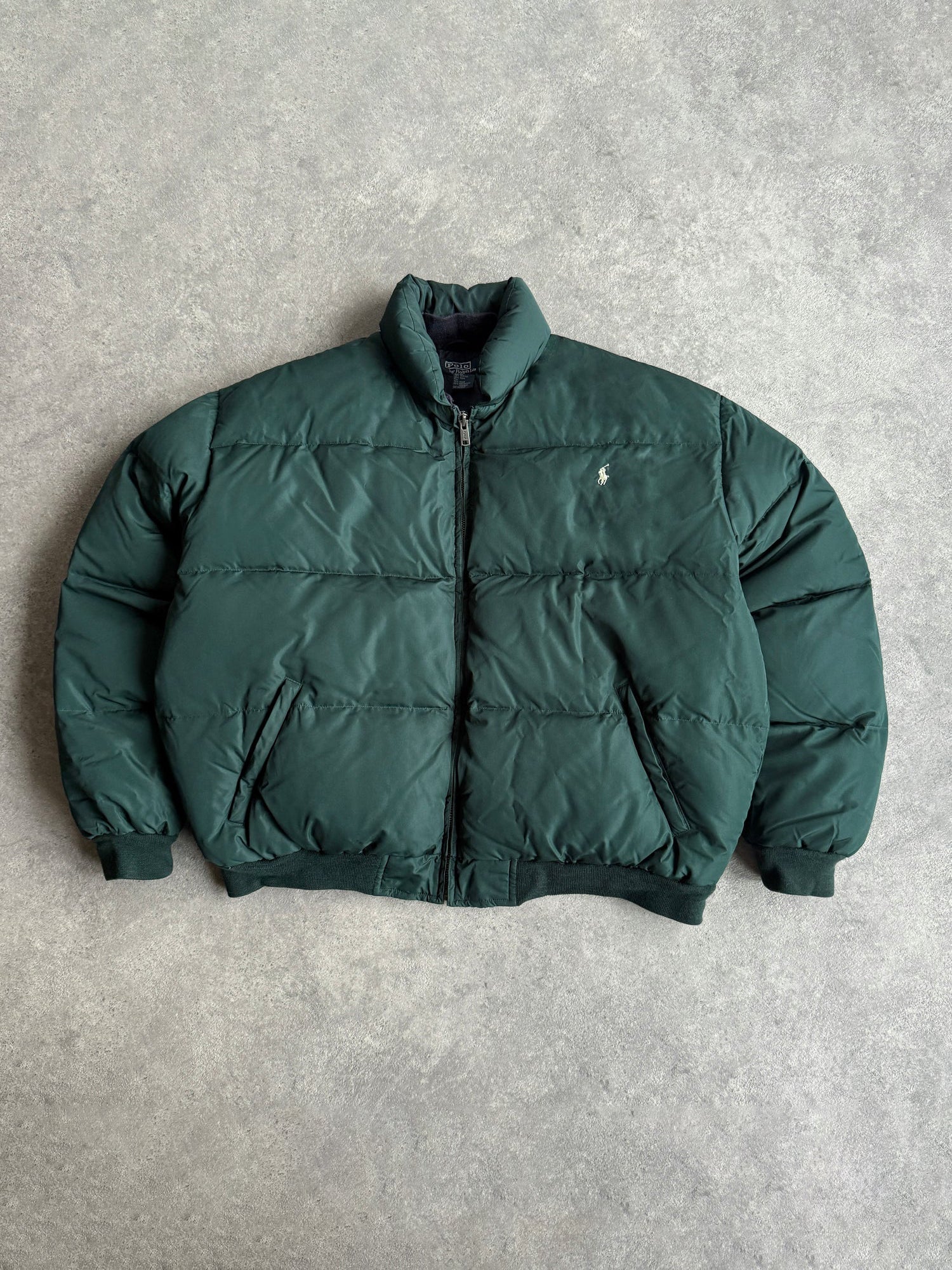 ralph lauren 1990s down fill bomber puffer jacket in green, front view