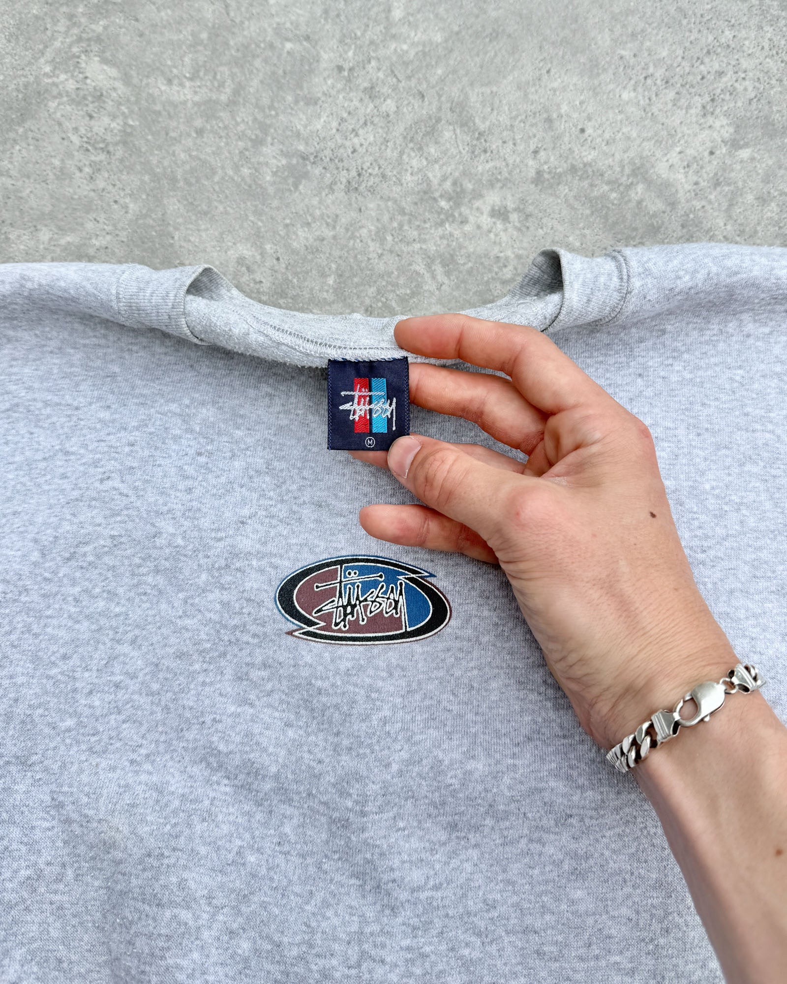 stussy 1990s heavyweight graphic sweatshirt, chest logo detail