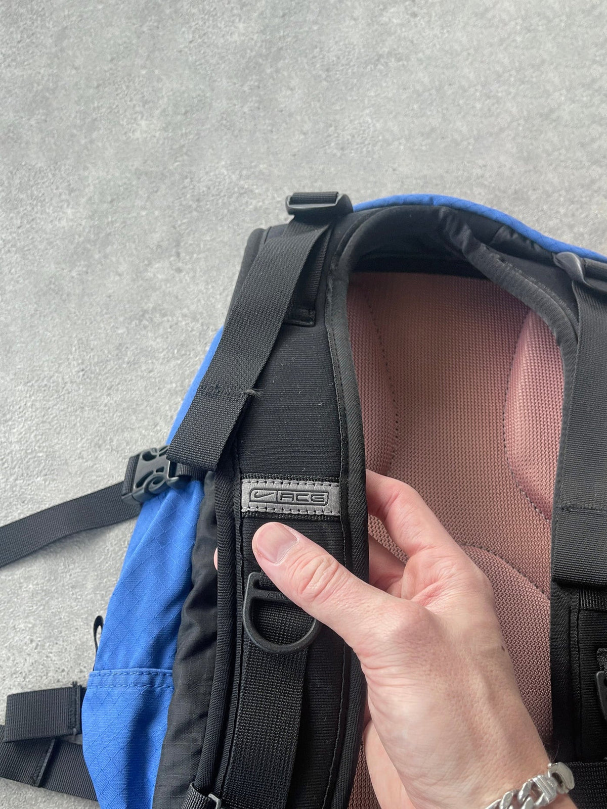 nike acg 1990s 40l technical trekking backpack, strap and harness detail