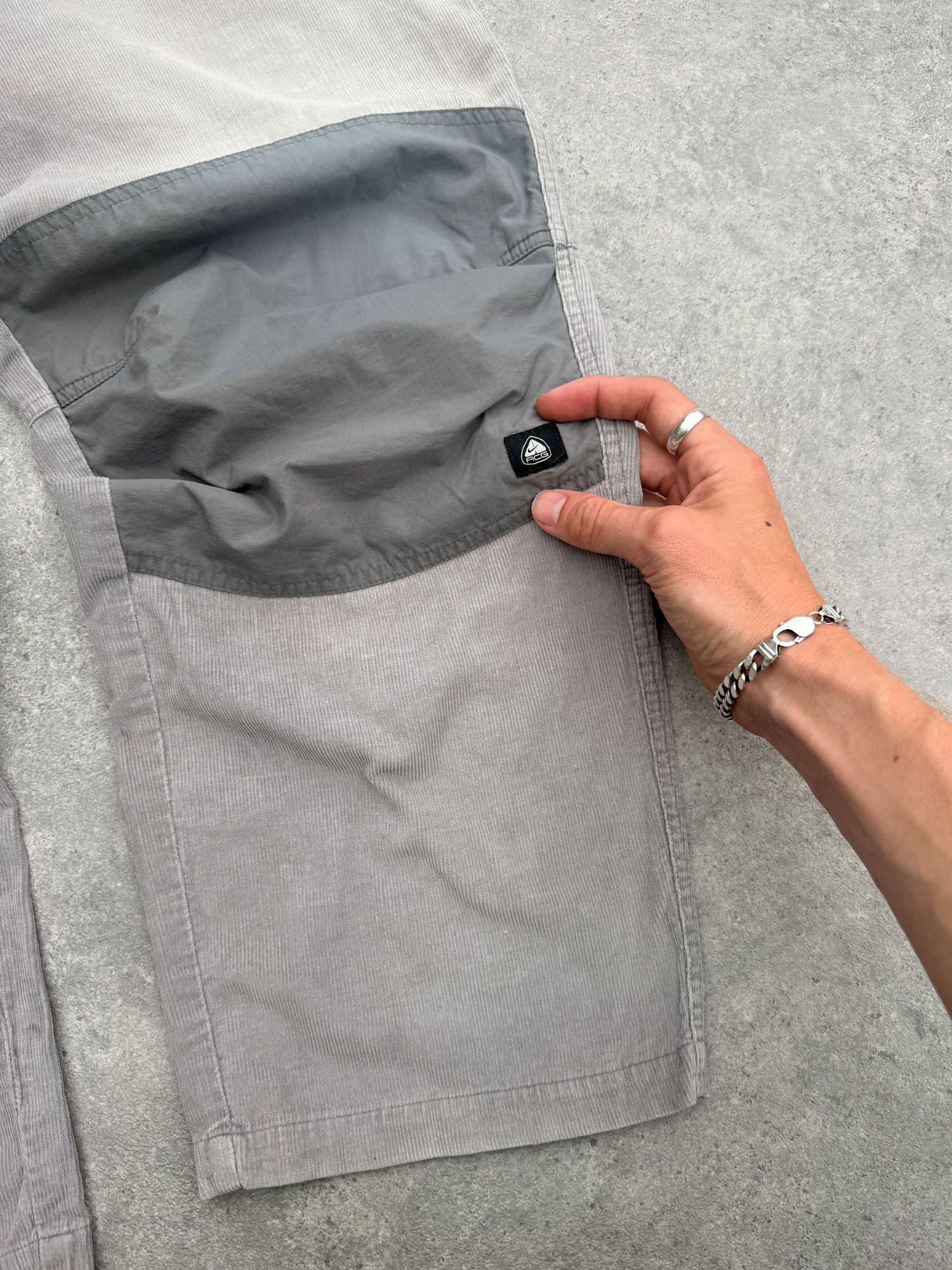 nike acg 2000s technical corduroy cargo trousers, thigh logo detail
