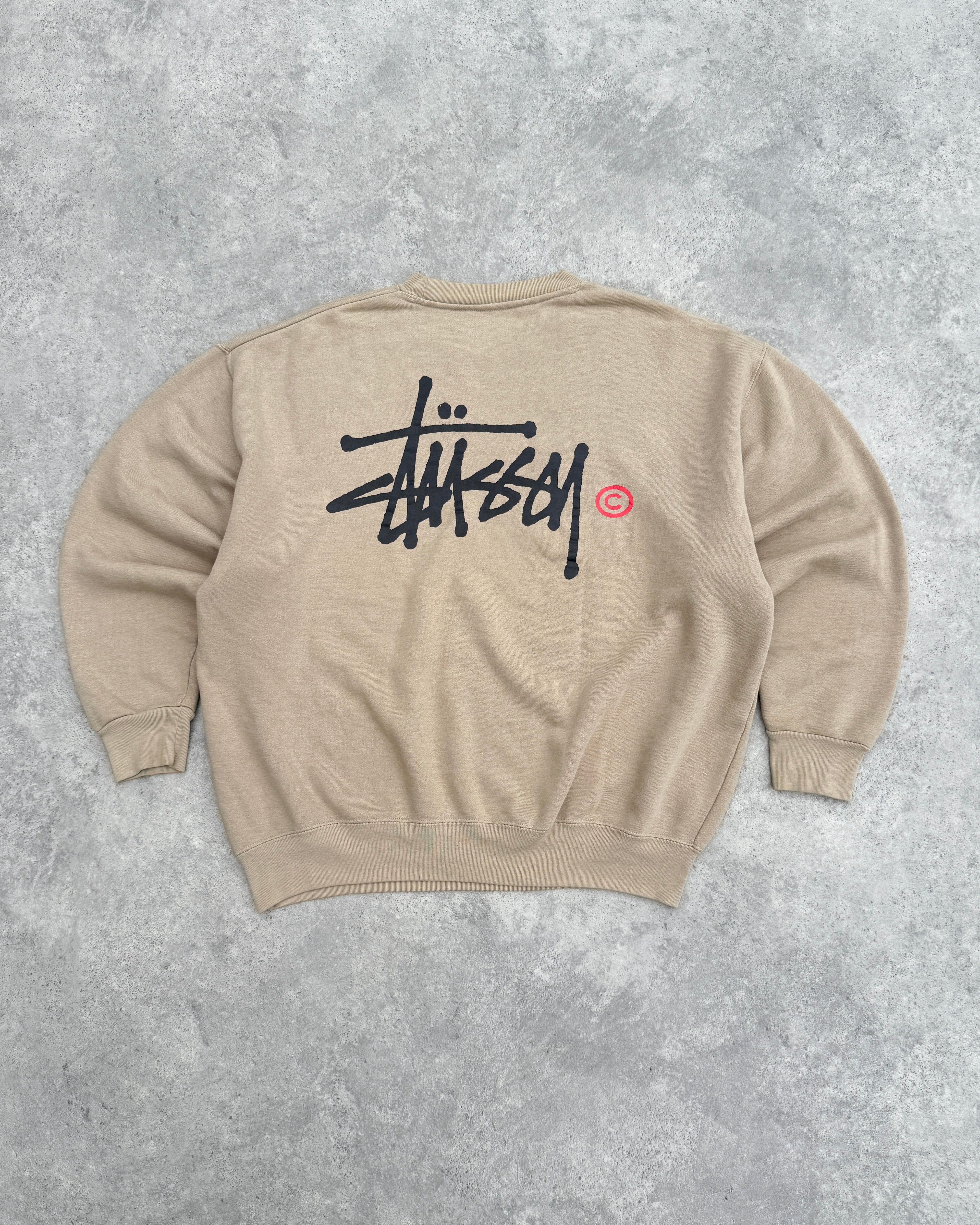 stussy 1990s heavyweight graphic sweatshirt in beige, back logo view