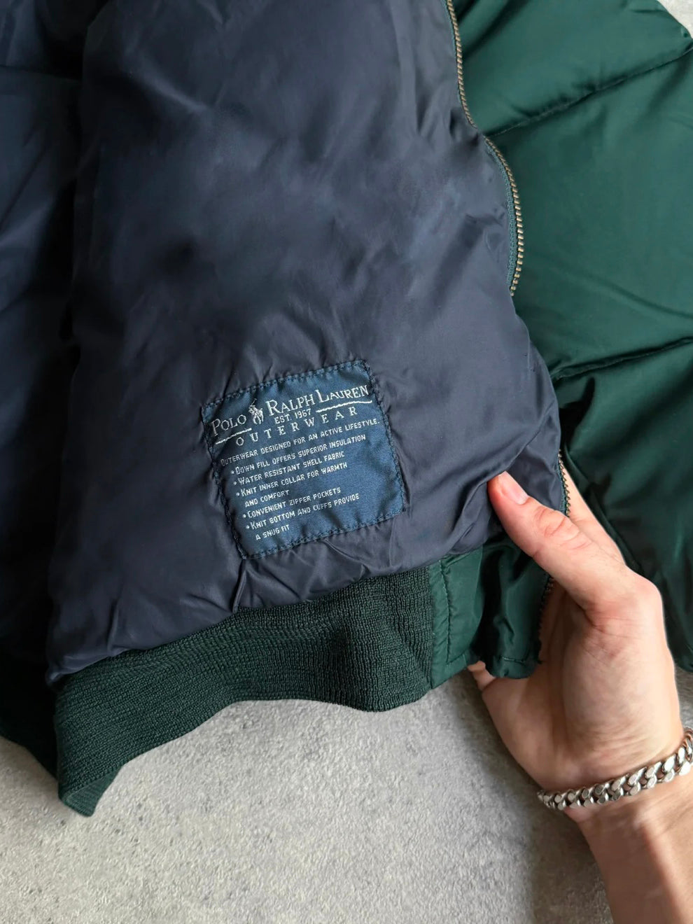 ralph lauren 1990s down fill bomber puffer jacket, cuff and hem detail