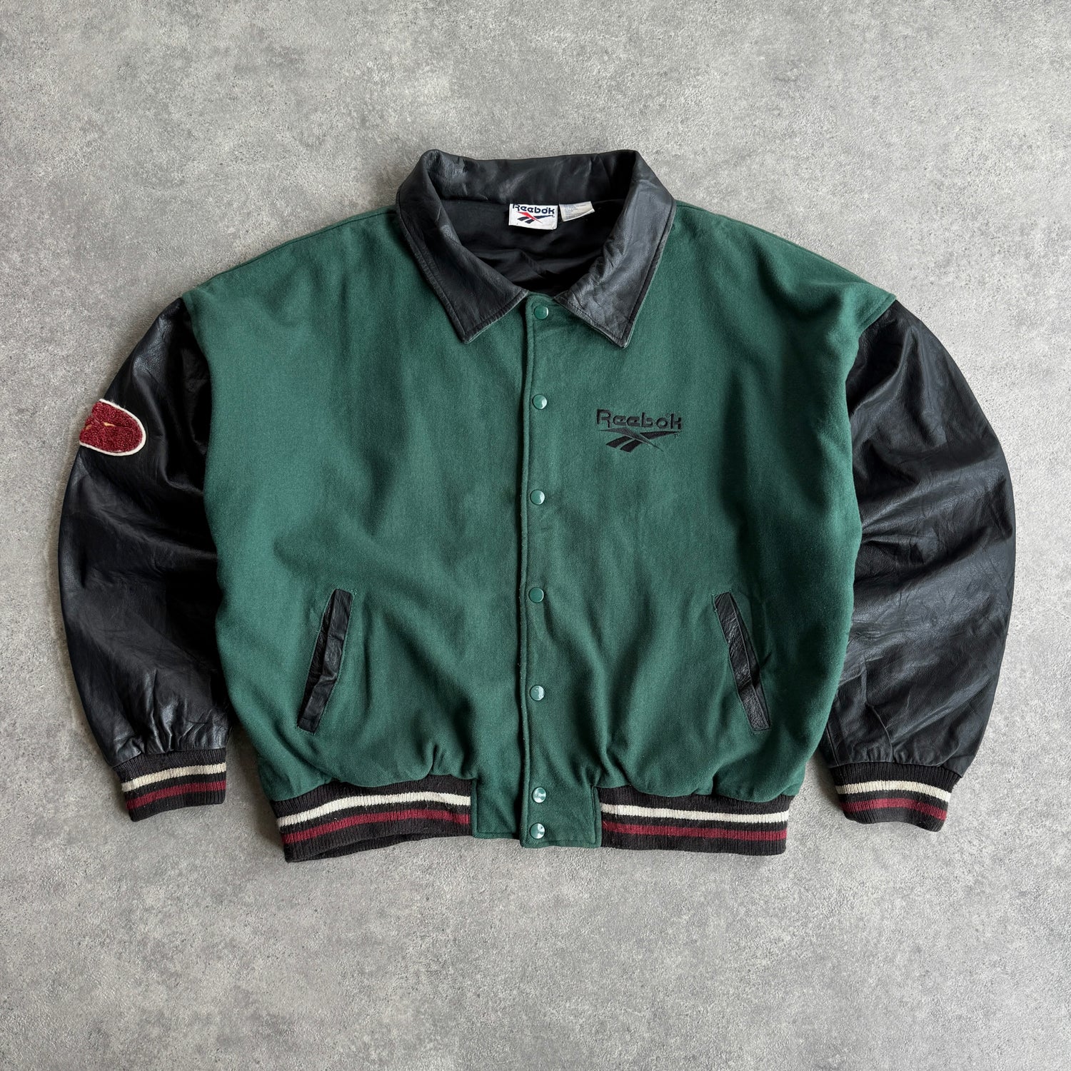 Reebok RARE 1990s heavyweight spellout leather varsity jacket (XL)