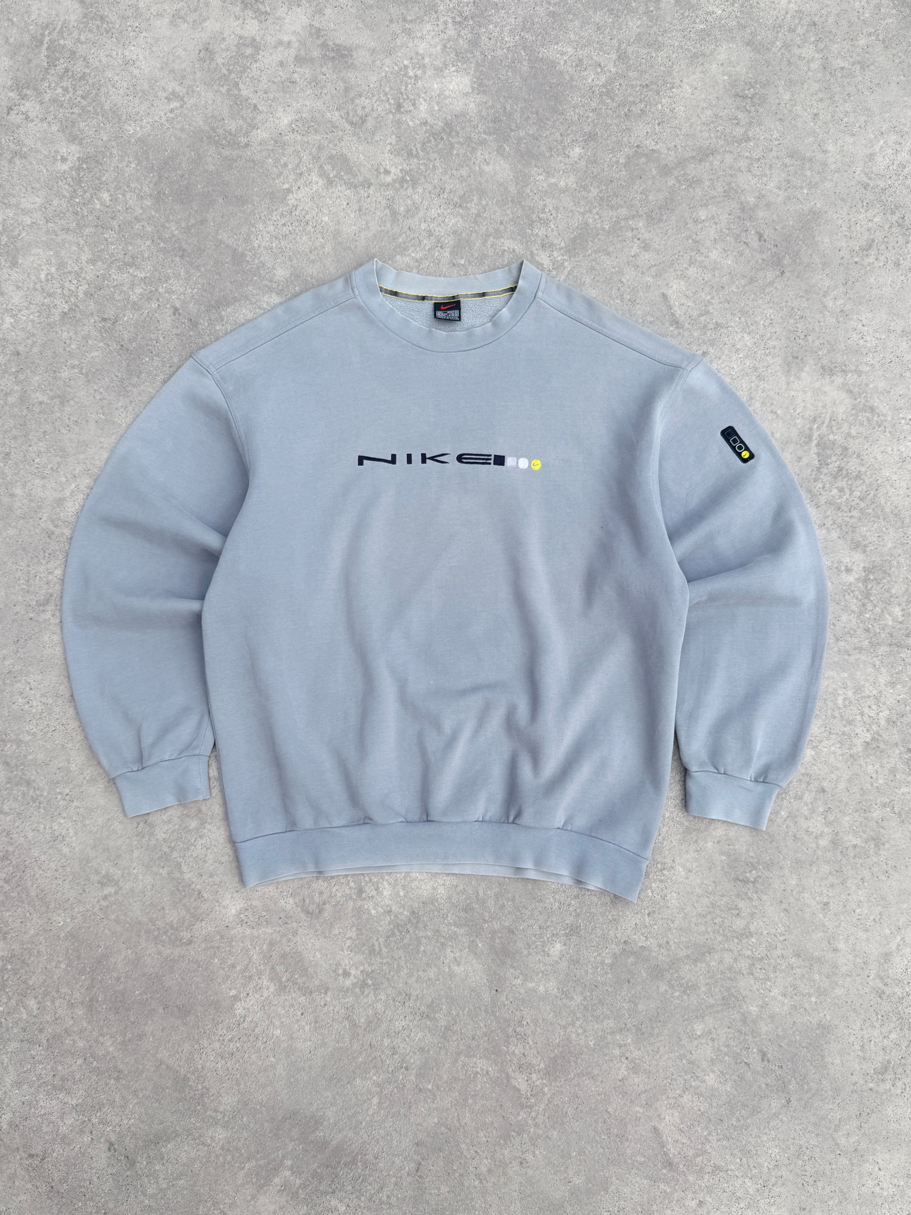 nike 1999 heavyweight embroidered spellout sweatshirt in pale blue, front view