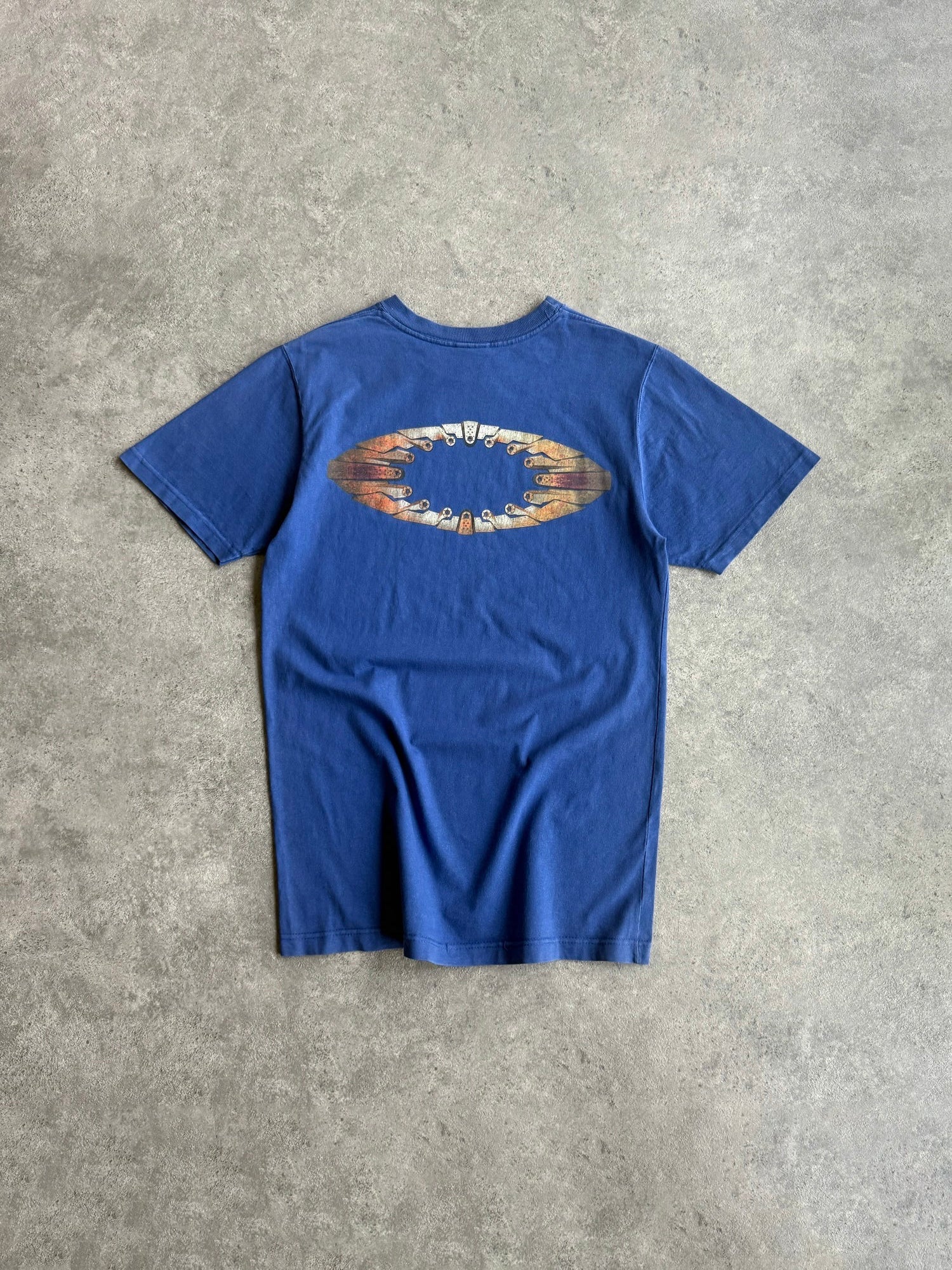 oakley software 2000s heavyweight graphic t-shirt in deep blue, back view
