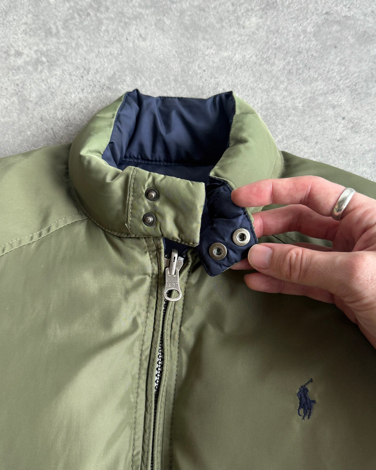 ralph lauren 1990s reversible down puffer jacket, navy side front view