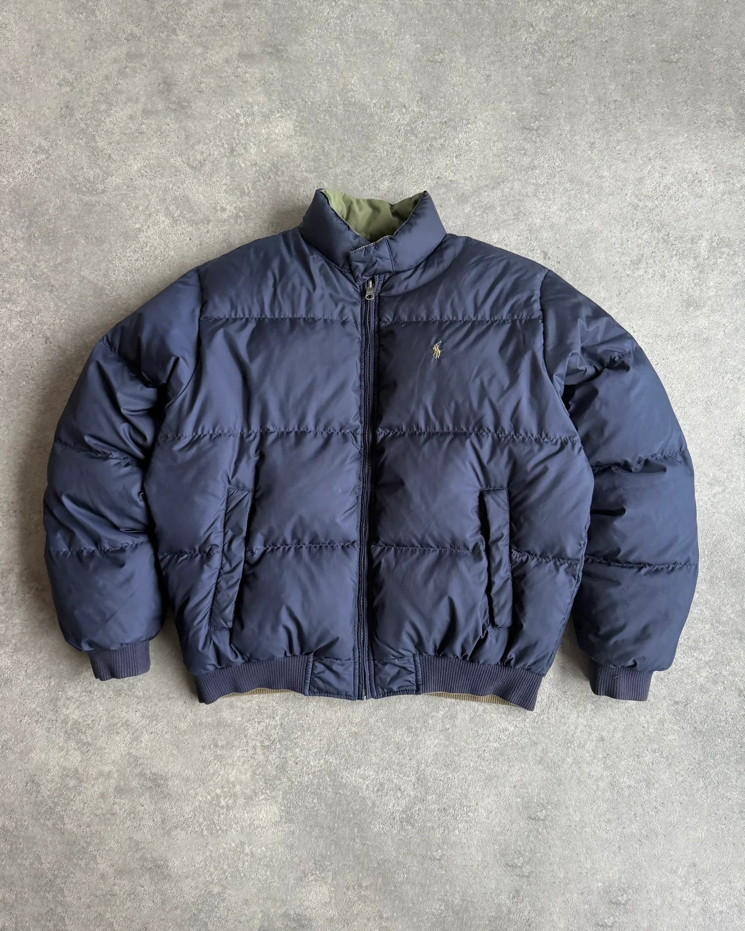 ralph lauren 1990s reversible down puffer jacket, olive side front view