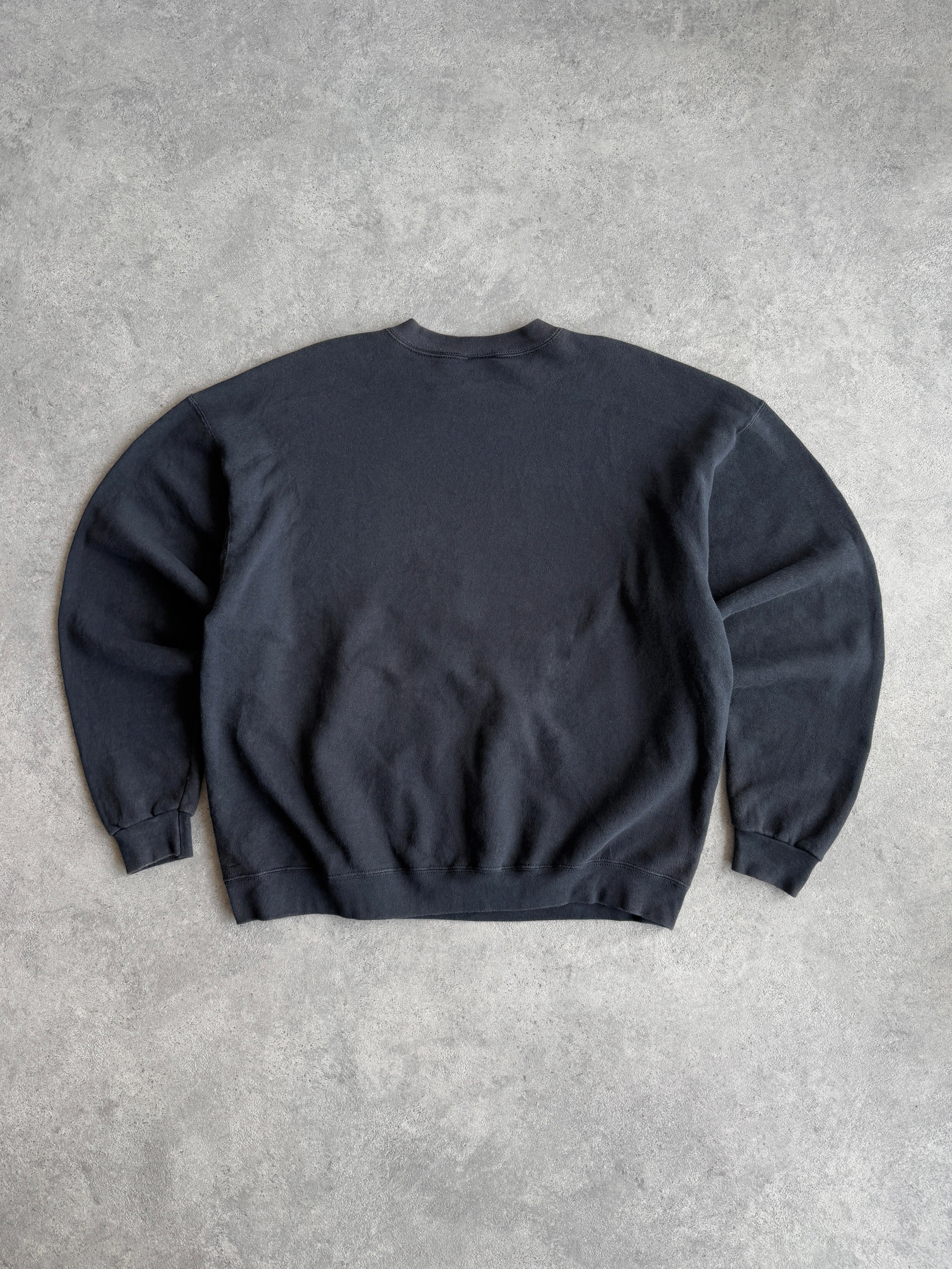 nike 1990s heavyweight embroidered spellout sweatshirt in washed black, back view