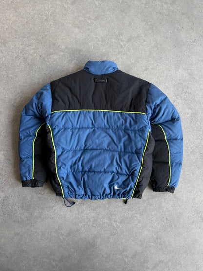 nike acg 1998 technical down fill puffer jacket in blue and black, back view