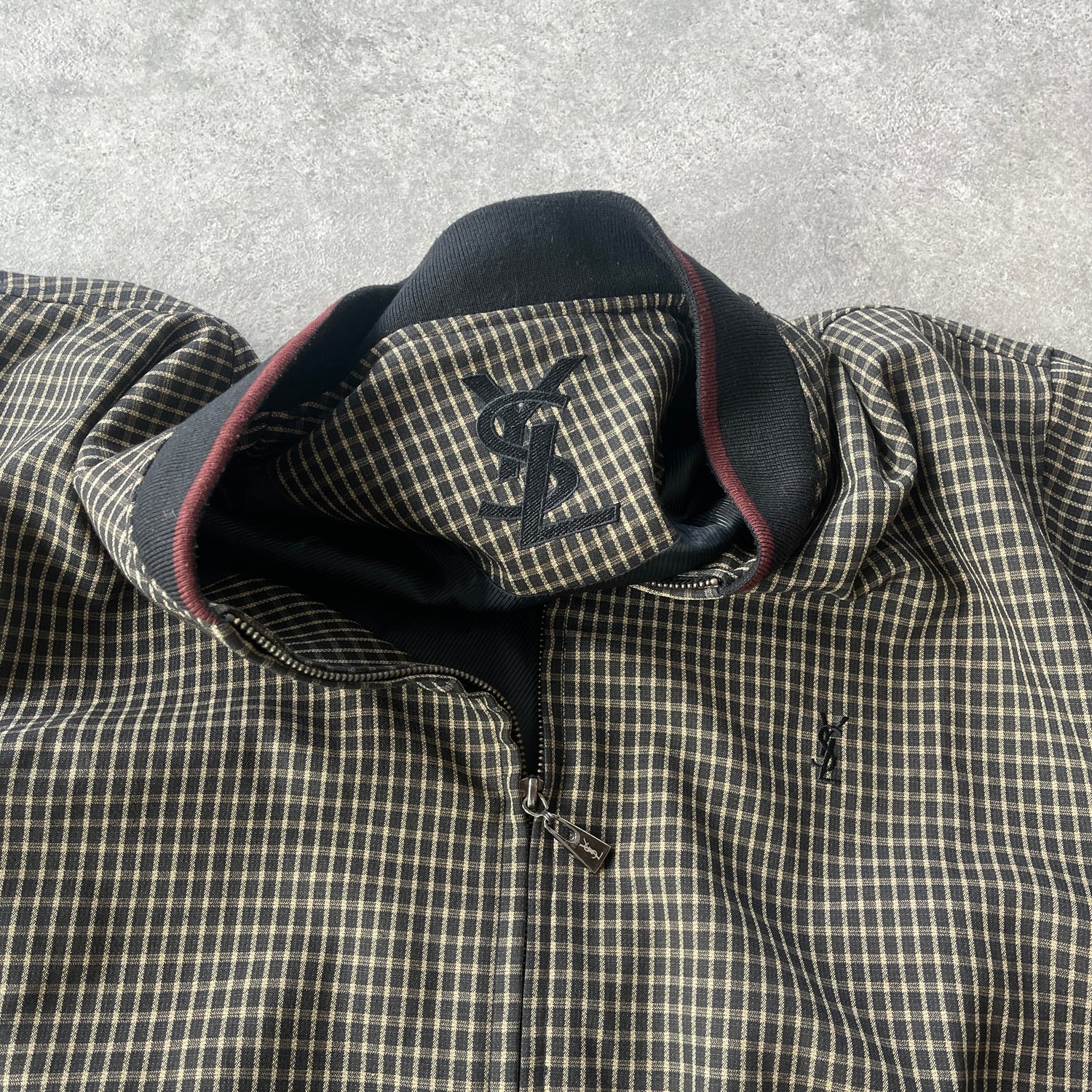 YSL 2000s embroidered check bomber jacket (M)