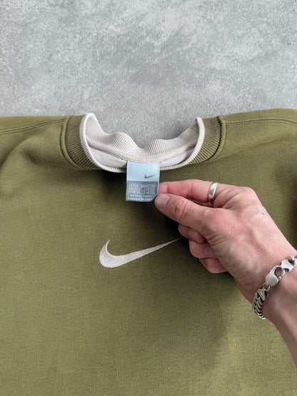 nike 2000s heavyweight embroidered swoosh sweatshirt in khaki green, back view