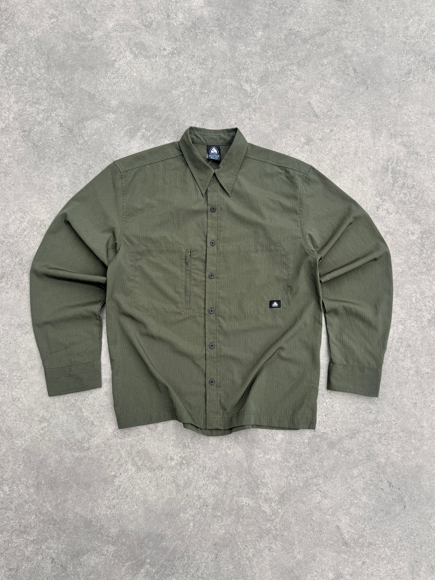nike acg 2000s deadstock technical dri-fit ripstop shirt in olive green, front view