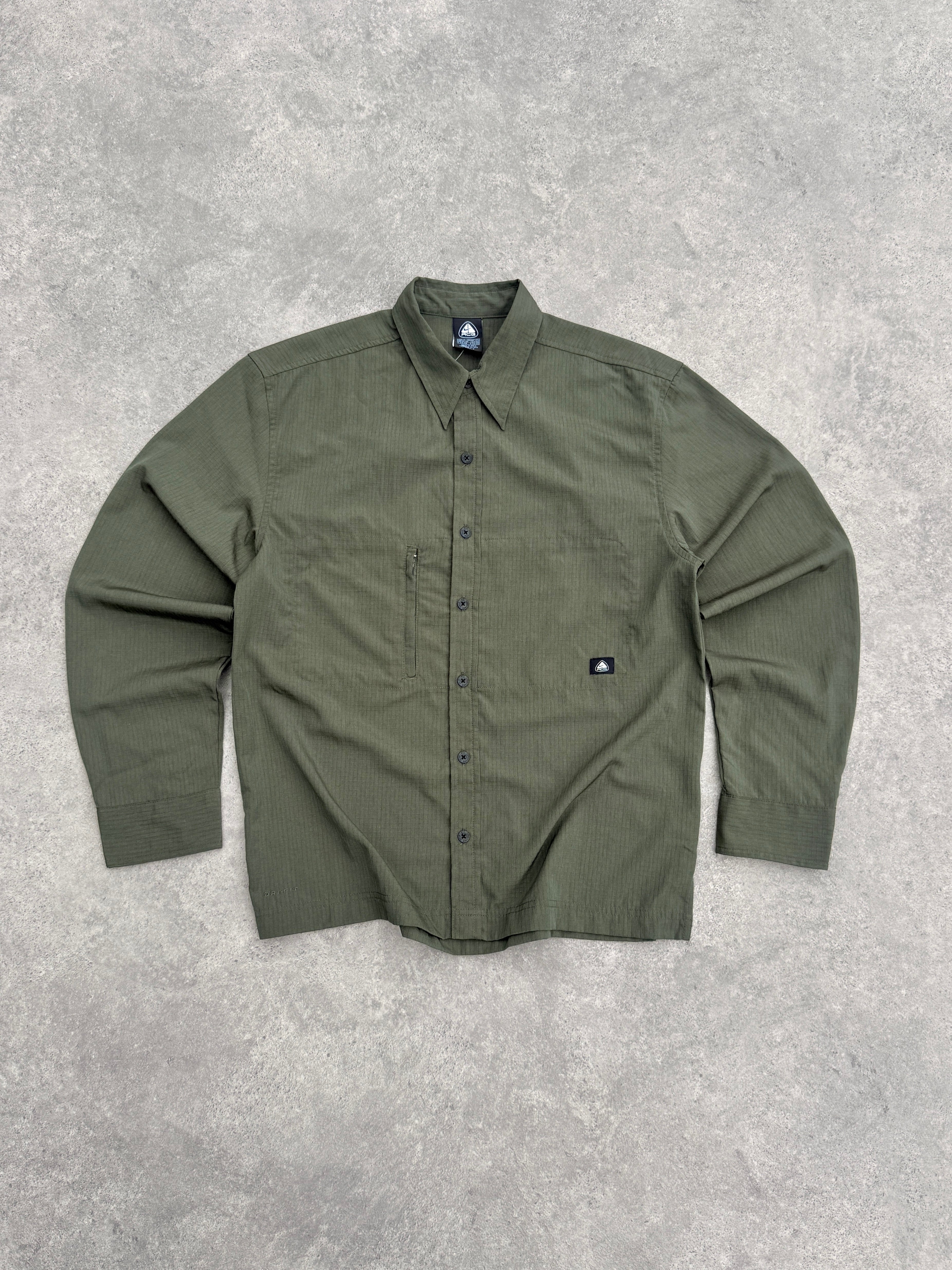 nike acg 2000s deadstock technical dri-fit ripstop shirt in olive green, front view