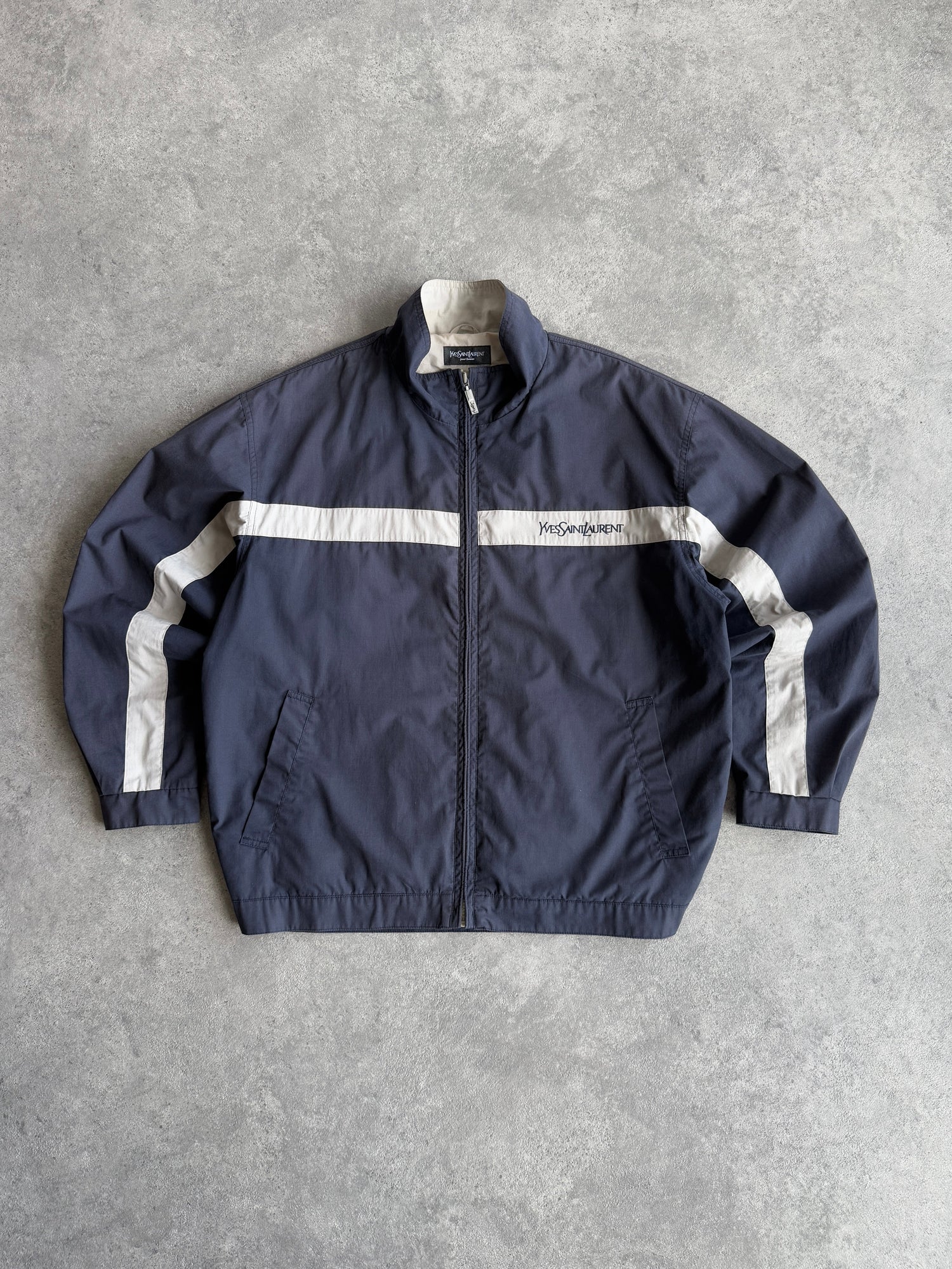 yves saint laurent 2001 lightweight spellout shell jacket in navy and cream, front view