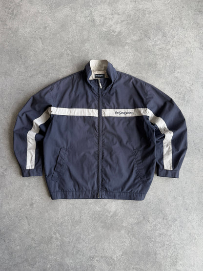 yves saint laurent 2001 lightweight spellout shell jacket in navy and cream, front view