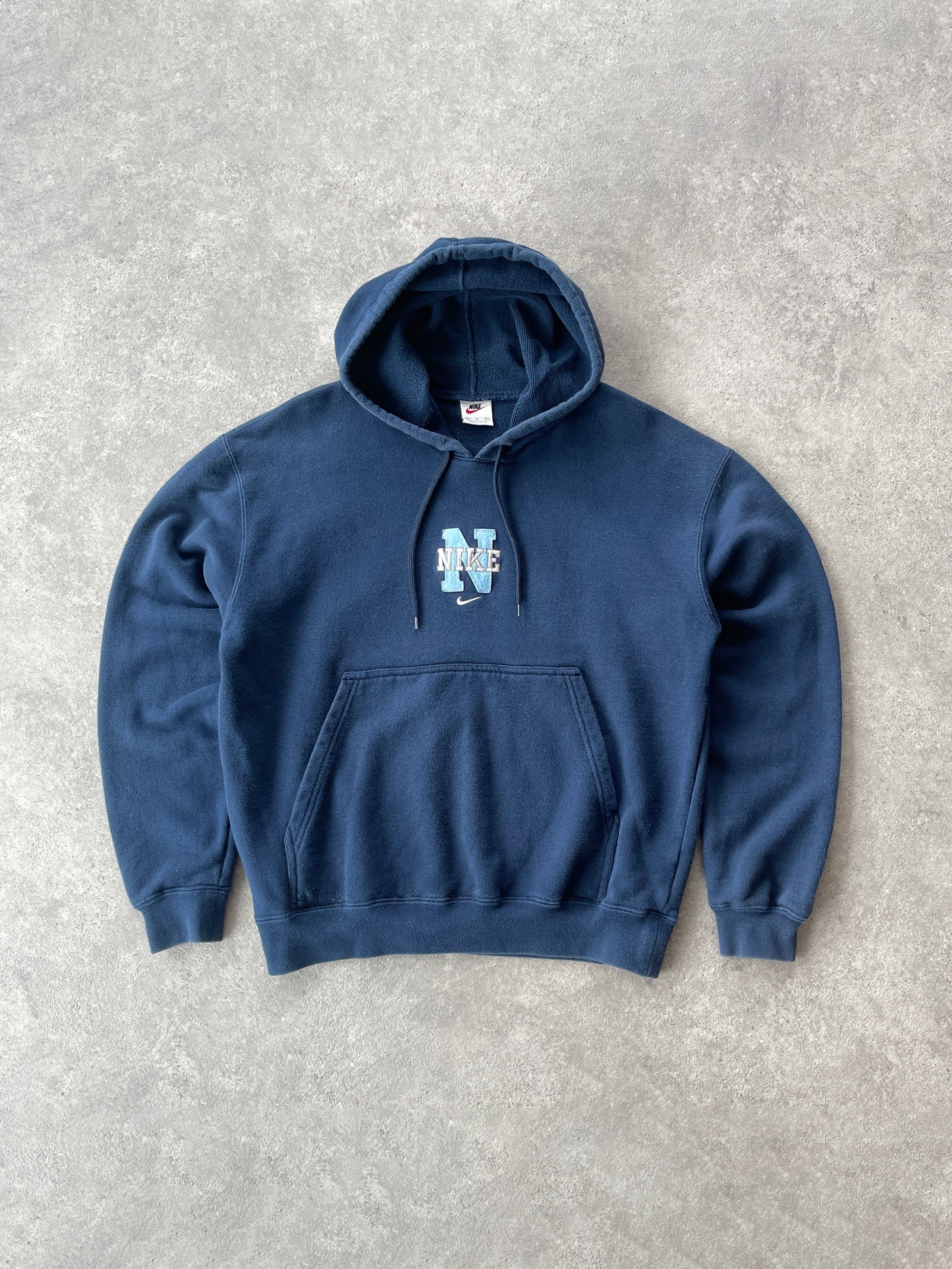 nike 1990s heavyweight embroidered spellout hoodie in navy, front view