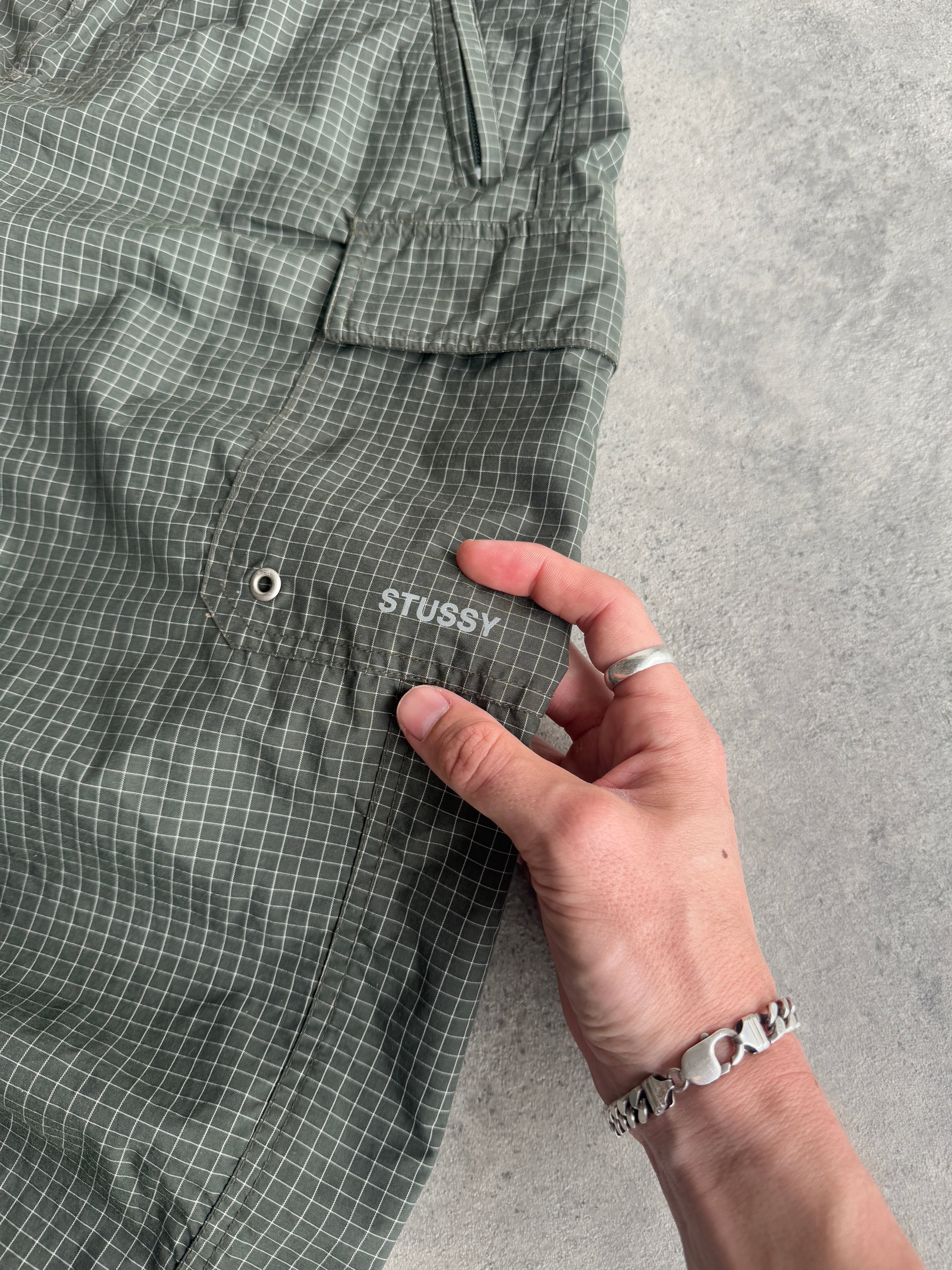 stussy 1990s technical parachute pants, grid pattern detail