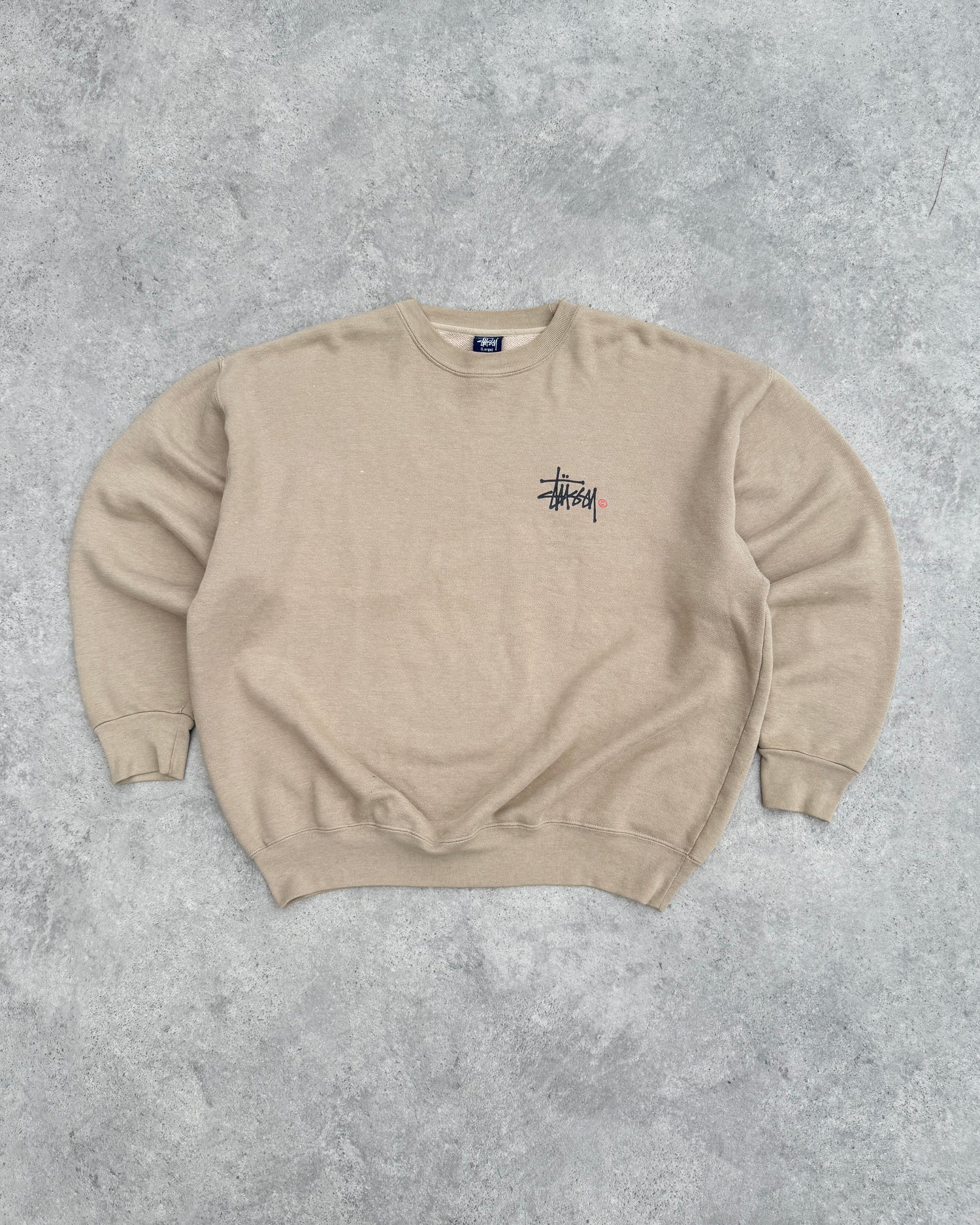 stussy 1990s heavyweight graphic sweatshirt in beige, front view