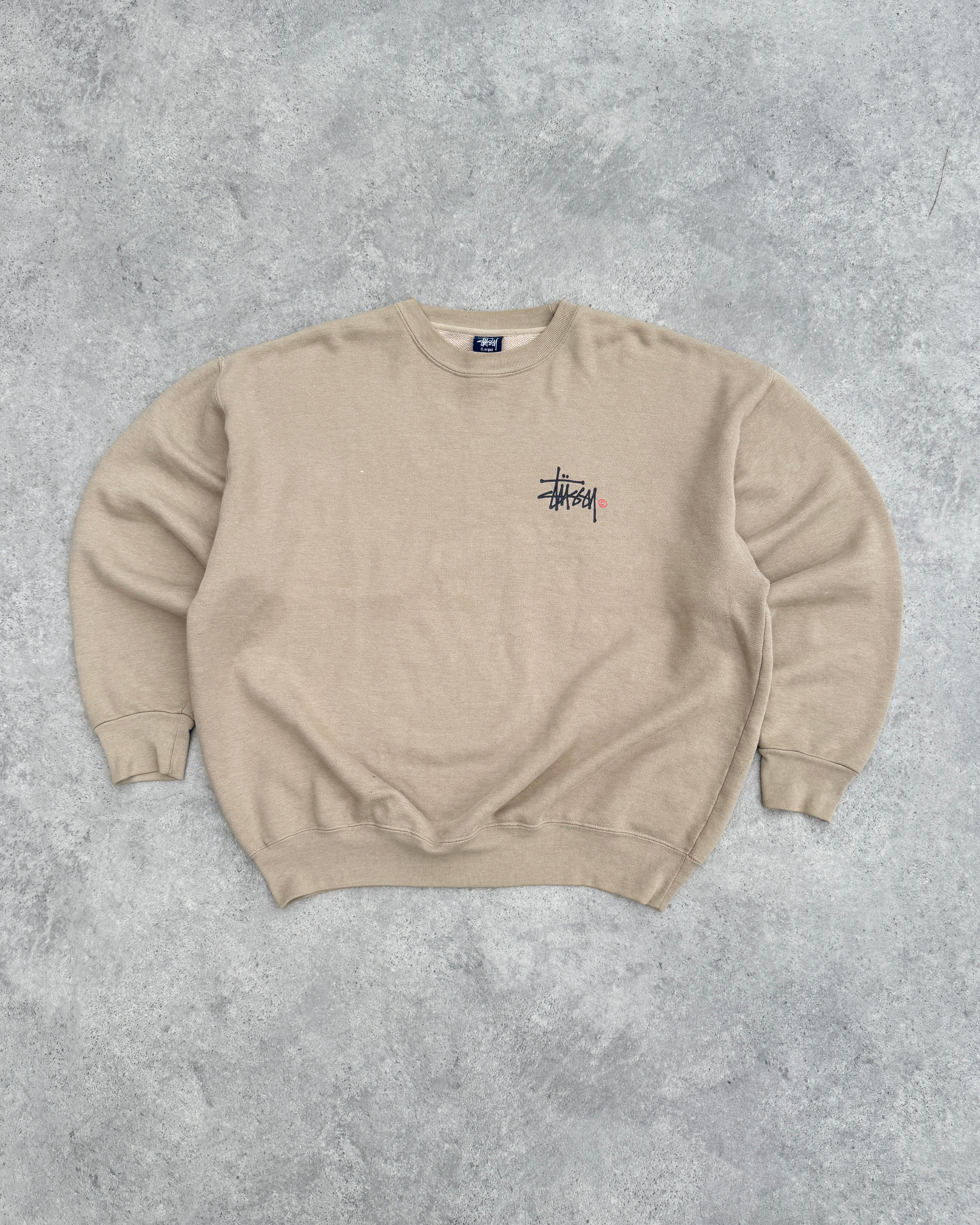 stussy 1990s heavyweight graphic sweatshirt in beige, front view