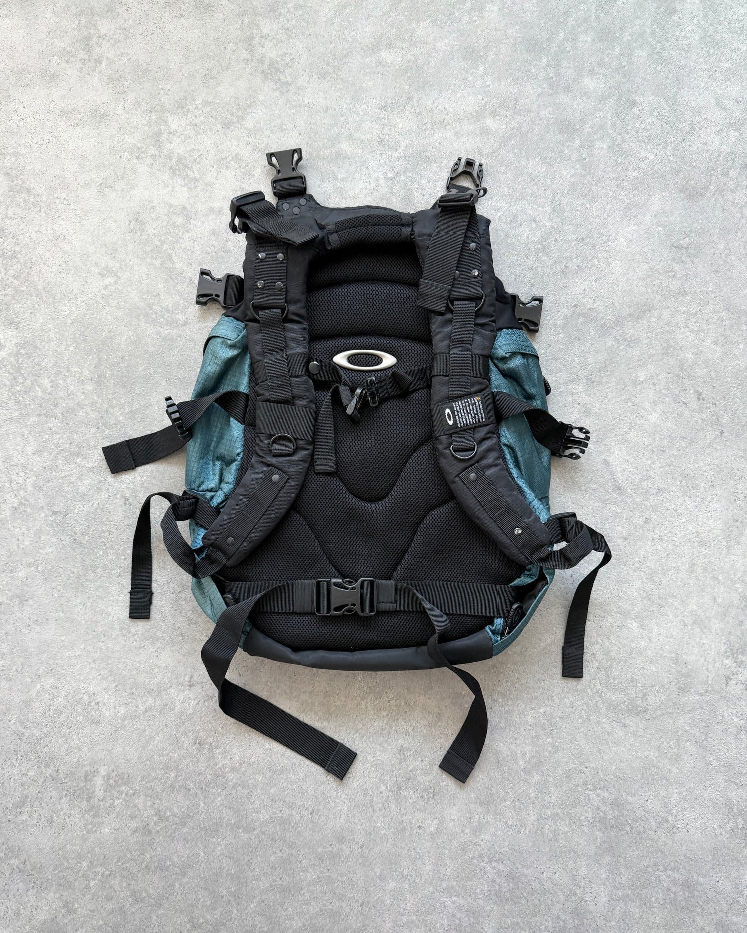 oakley software 2000s technical utility backpack in teal, back view