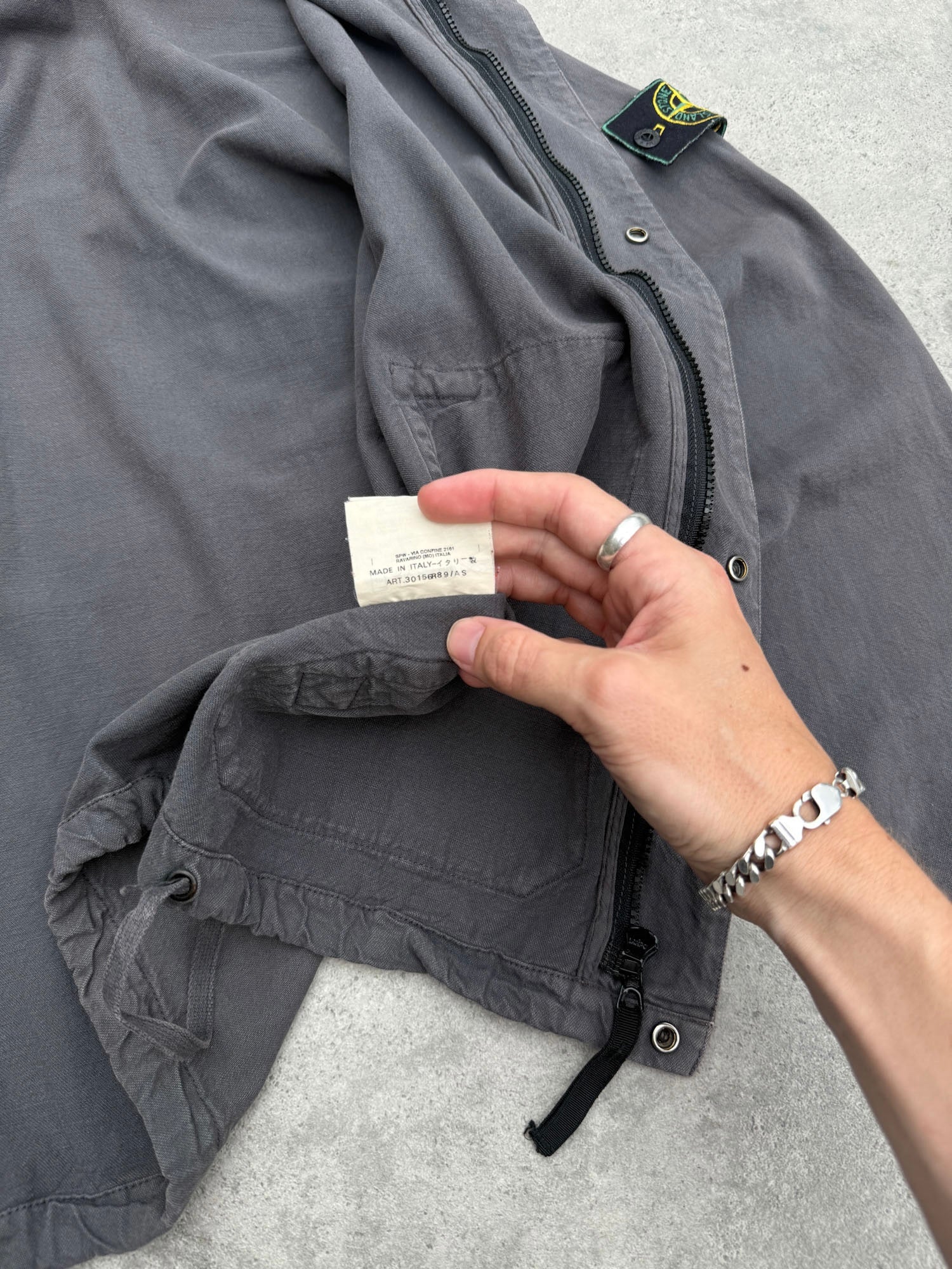 stone island s/s 1999 garment dyed hooded jacket, patch pocket detail