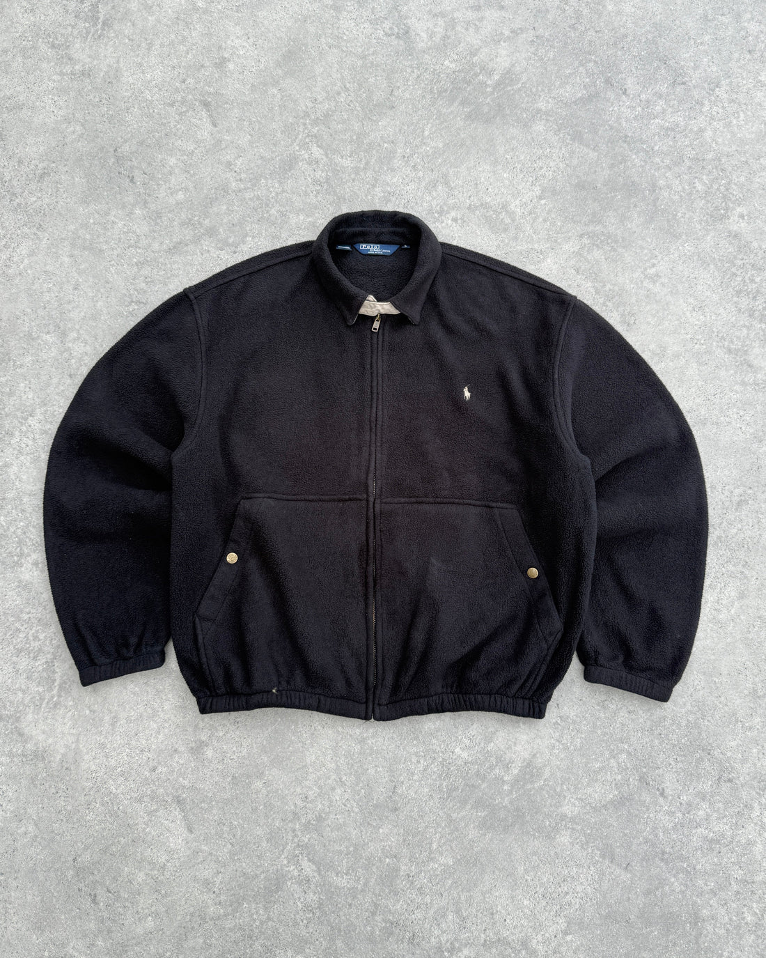 ralph lauren 1990s polartec fleece harrington jacket in black, front view