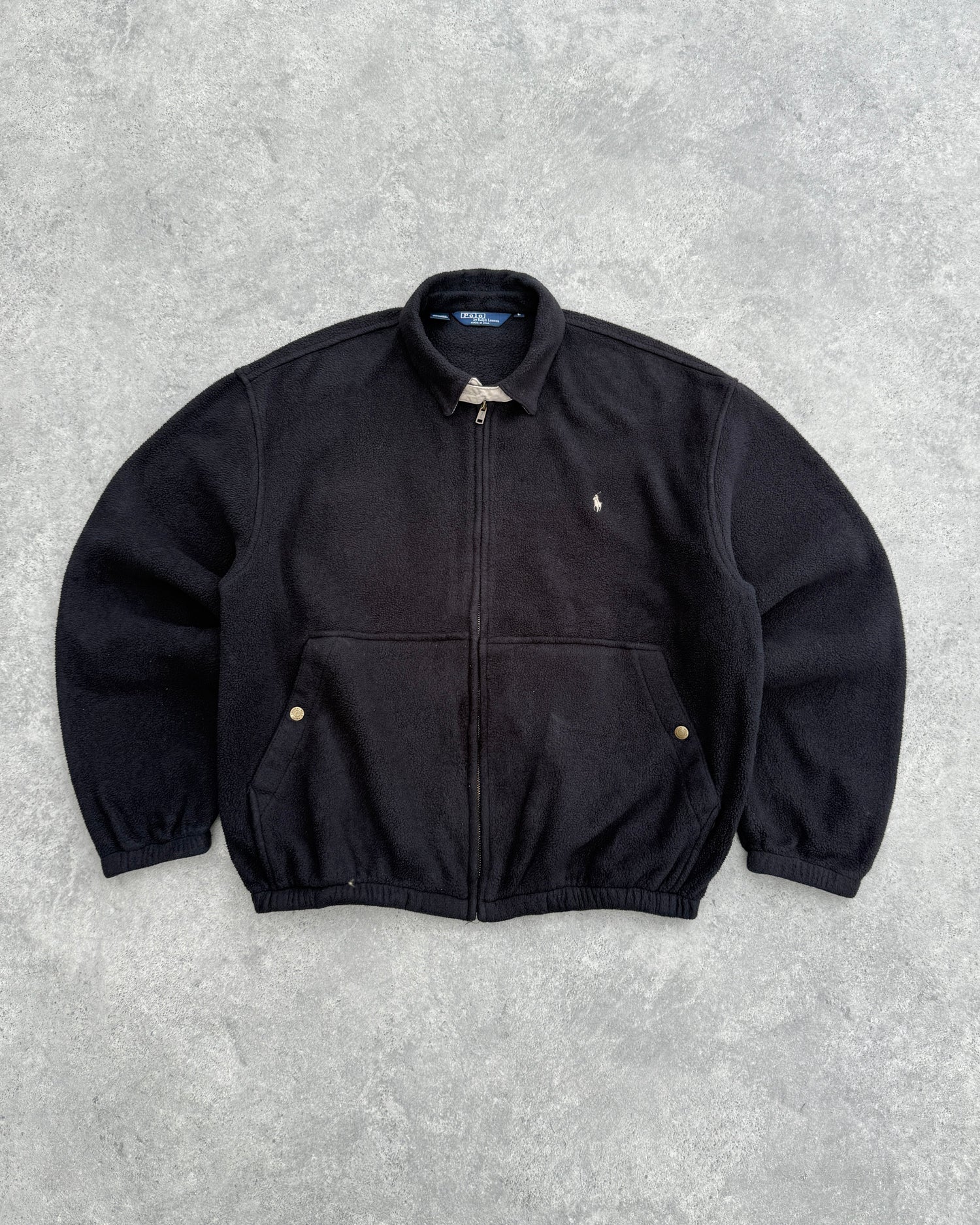 ralph lauren 1990s polartec fleece harrington jacket in black, front view