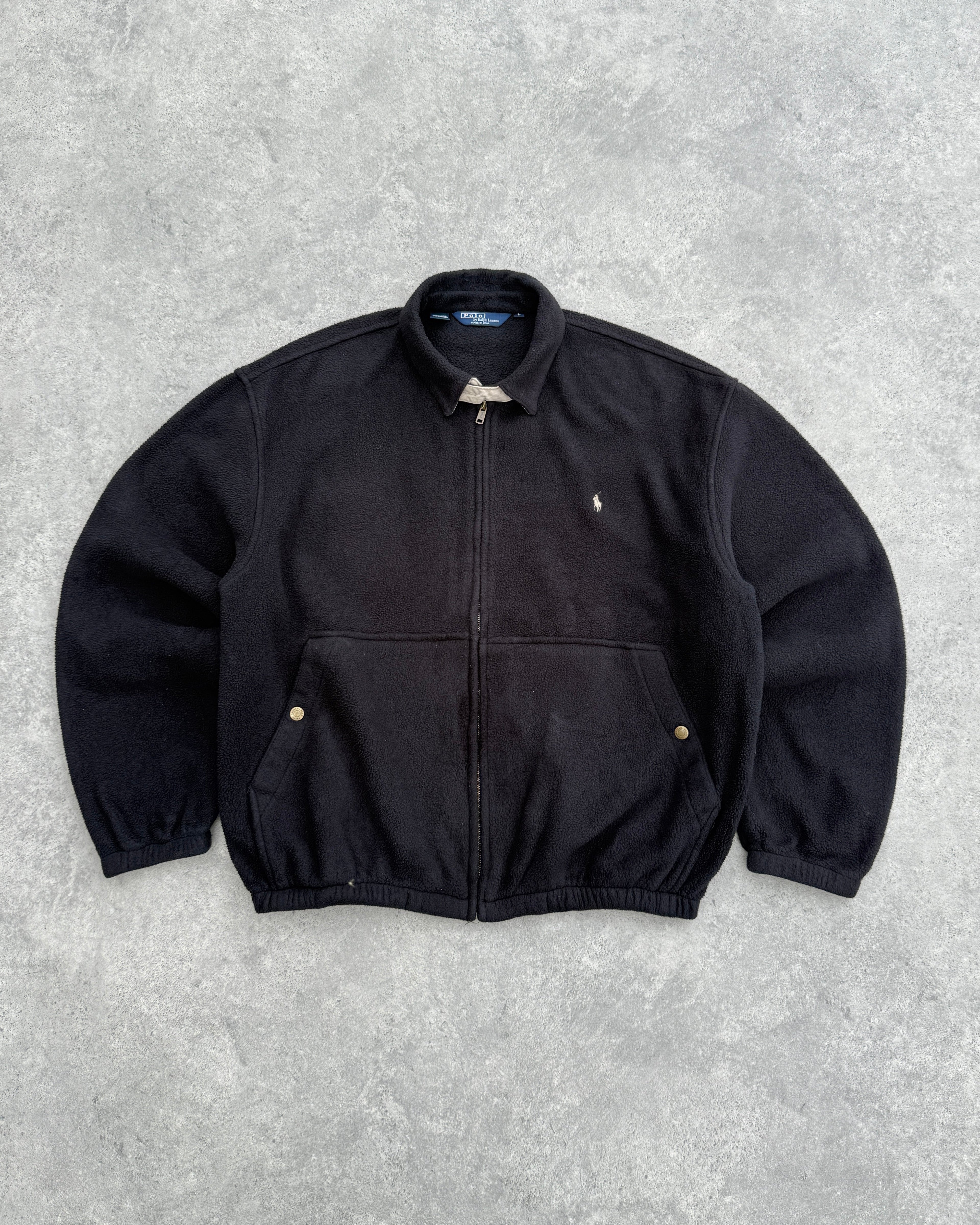 ralph lauren 1990s polartec fleece harrington jacket in black, front view