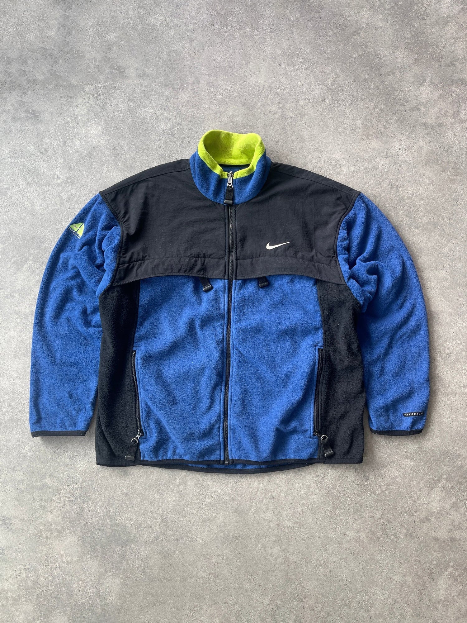 nike acg 1998 polartec fleece jacket in blue neon, front view
