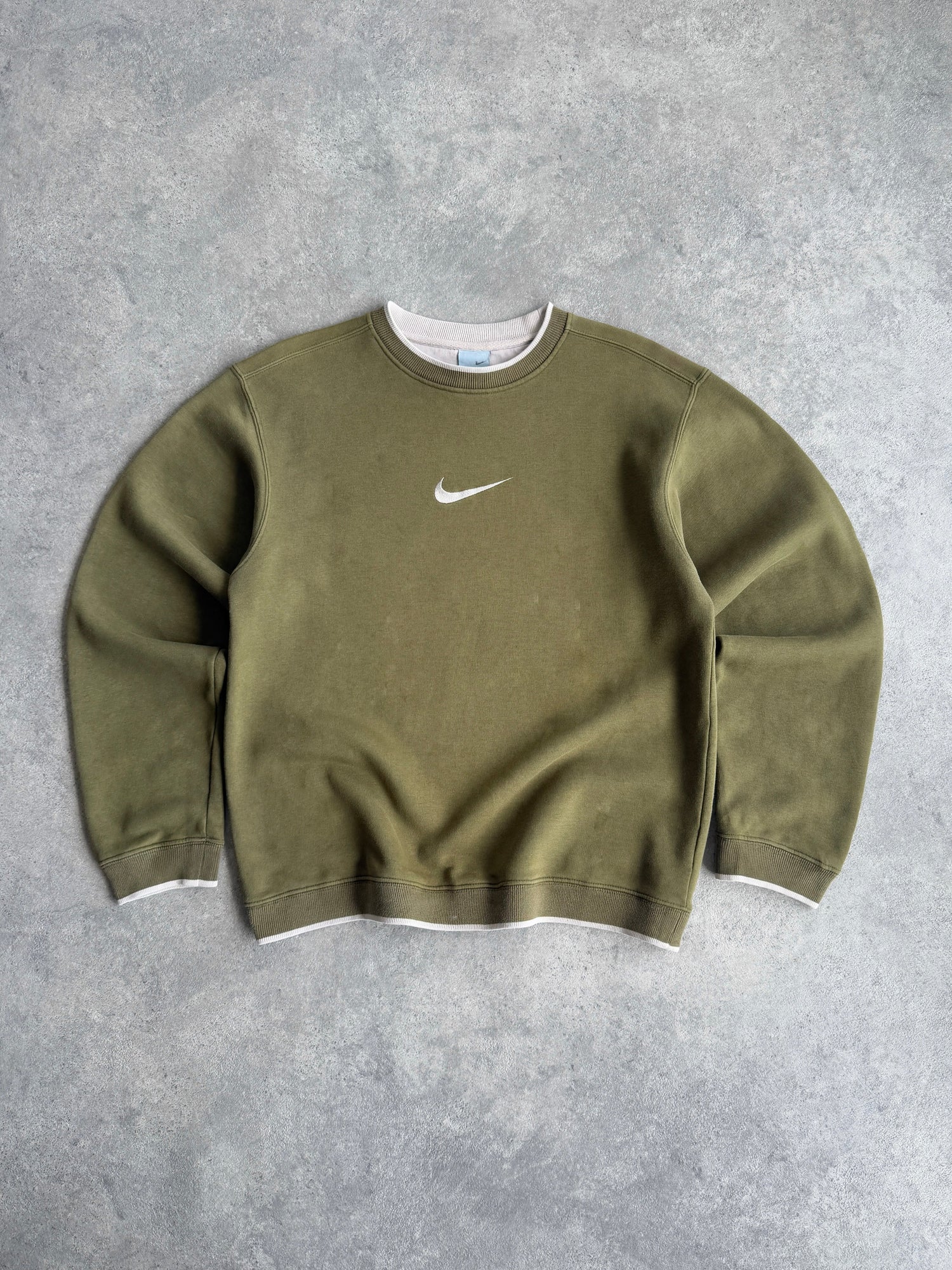 nike 2000s heavyweight embroidered swoosh sweatshirt in khaki green, front view