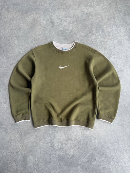 nike 2000s heavyweight embroidered swoosh sweatshirt in khaki green, front view