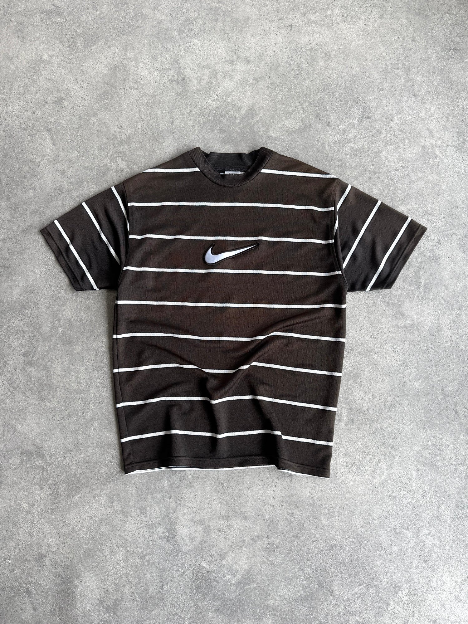 nike 1990s heavyweight striped t-shirt in faded black, front view