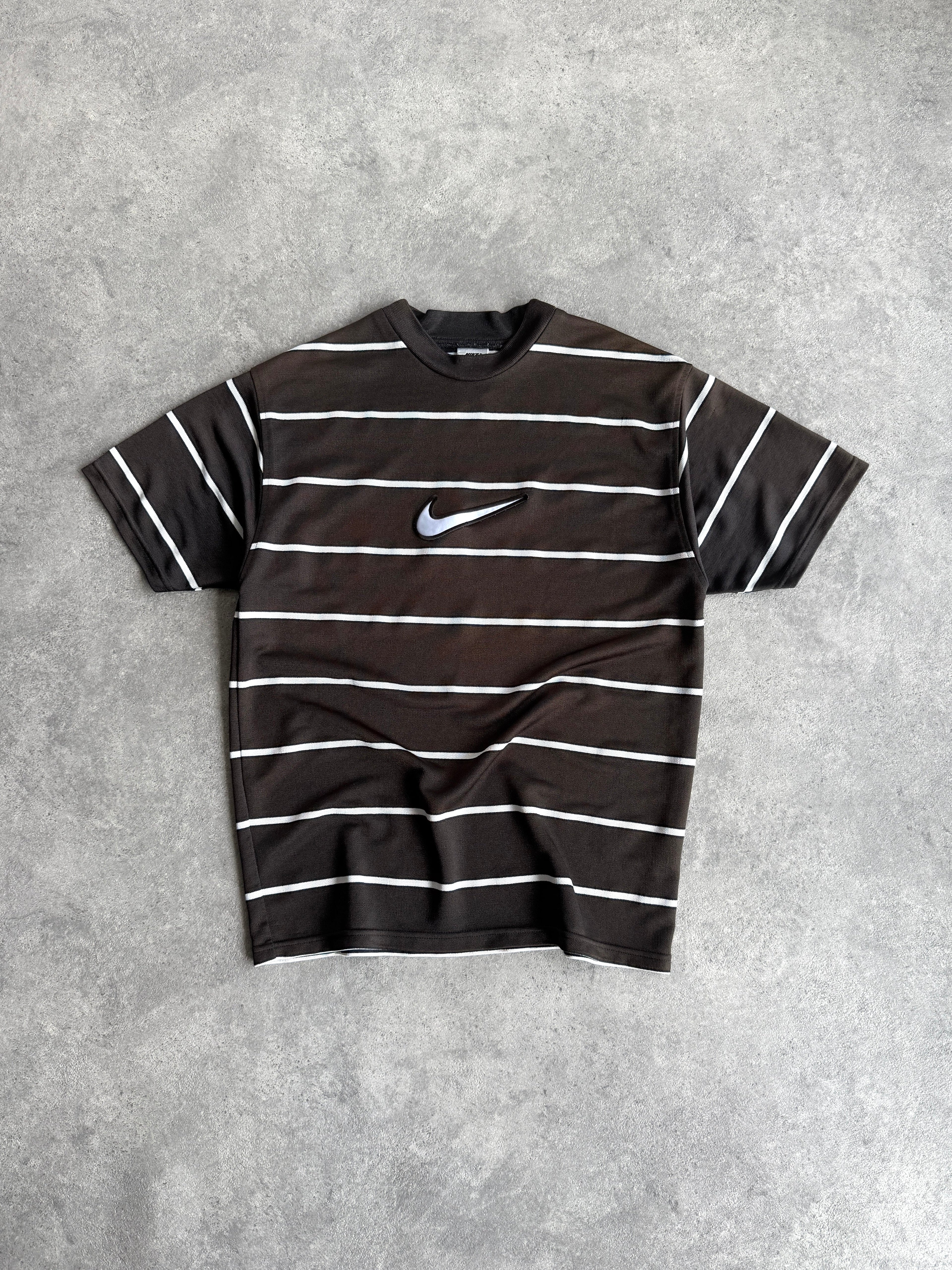 nike 1990s heavyweight striped t-shirt in faded black, front view