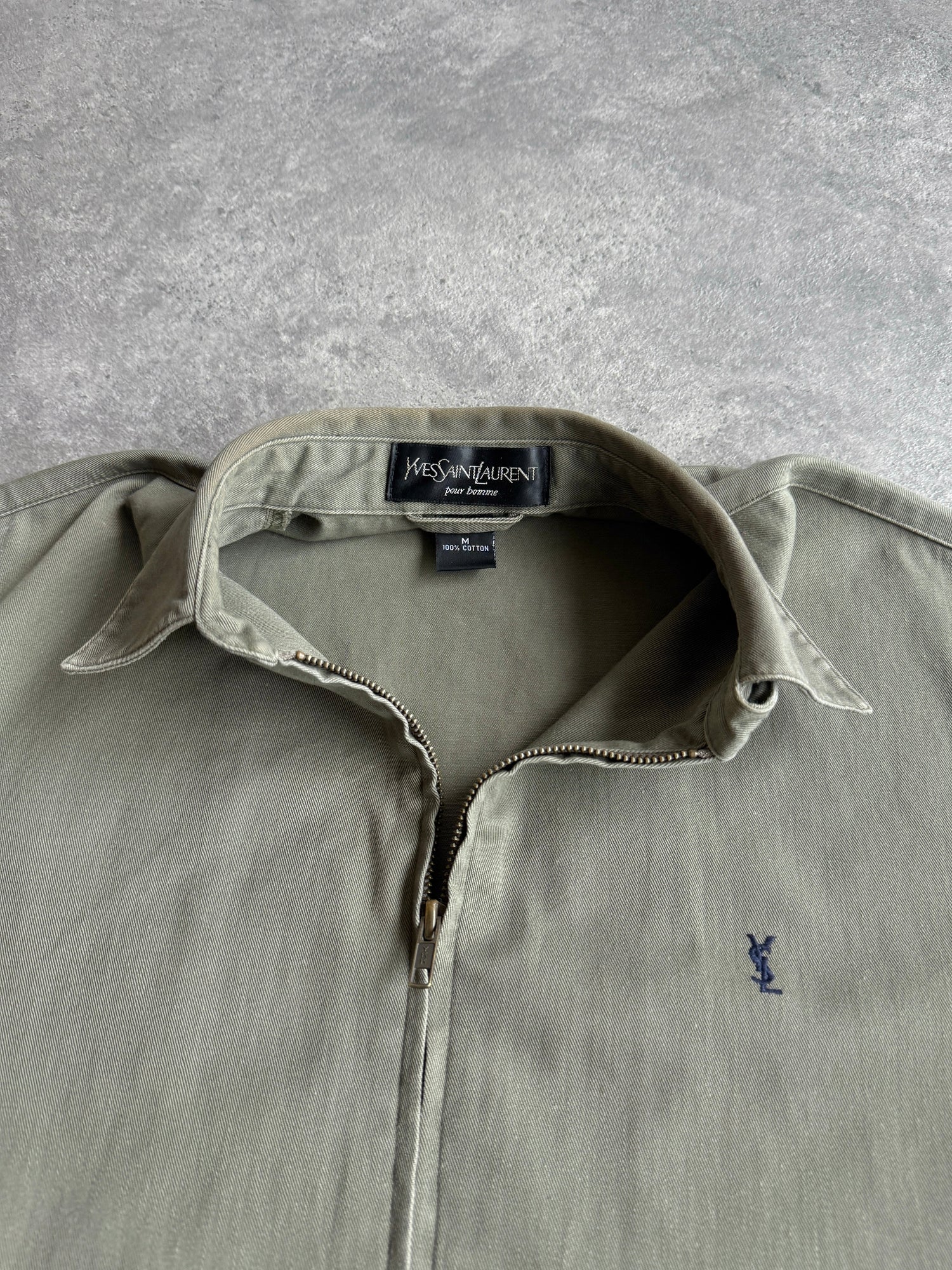 yves saint laurent 2000s embroidered harrington jacket in olive, back view