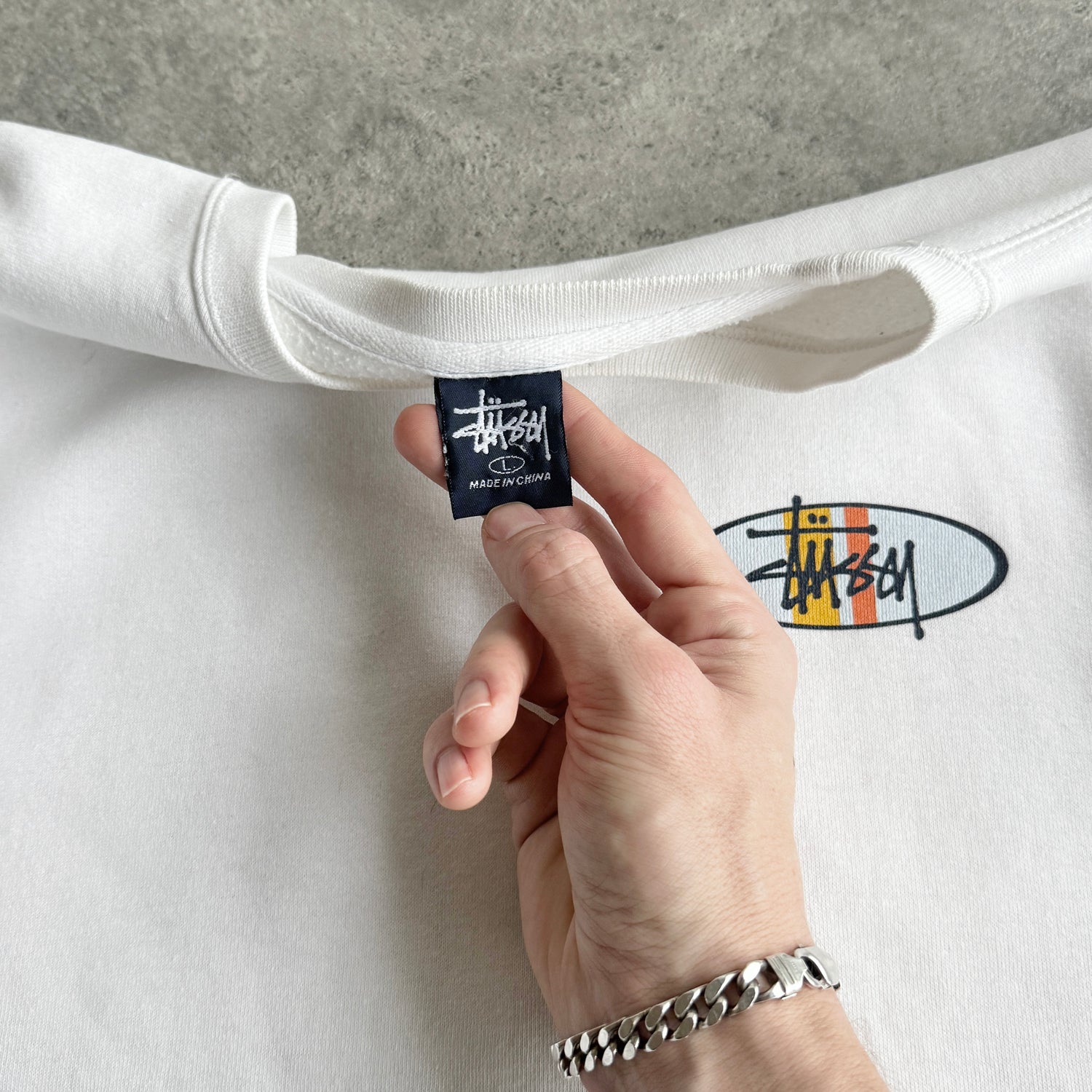 Stussy 1990s heavyweight graphic logo sweatshirt (L)