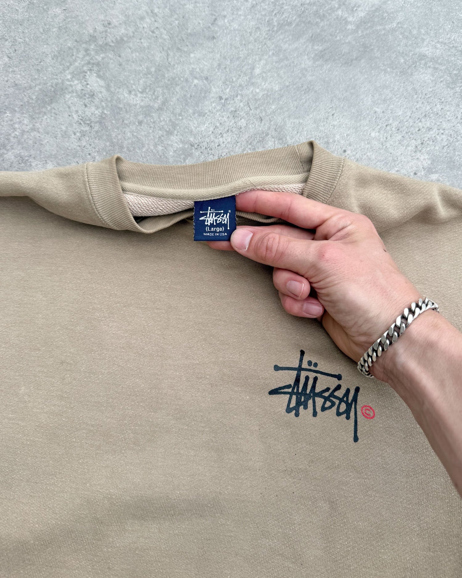 stussy 1990s heavyweight graphic sweatshirt, chest script logo detail