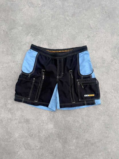 oakley software 2000s technical cargo shorts in black and sky blue, front view