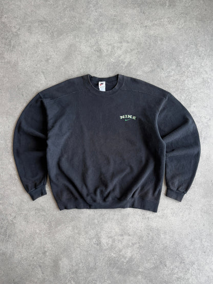 nike 1990s heavyweight embroidered spellout sweatshirt in washed black, front view