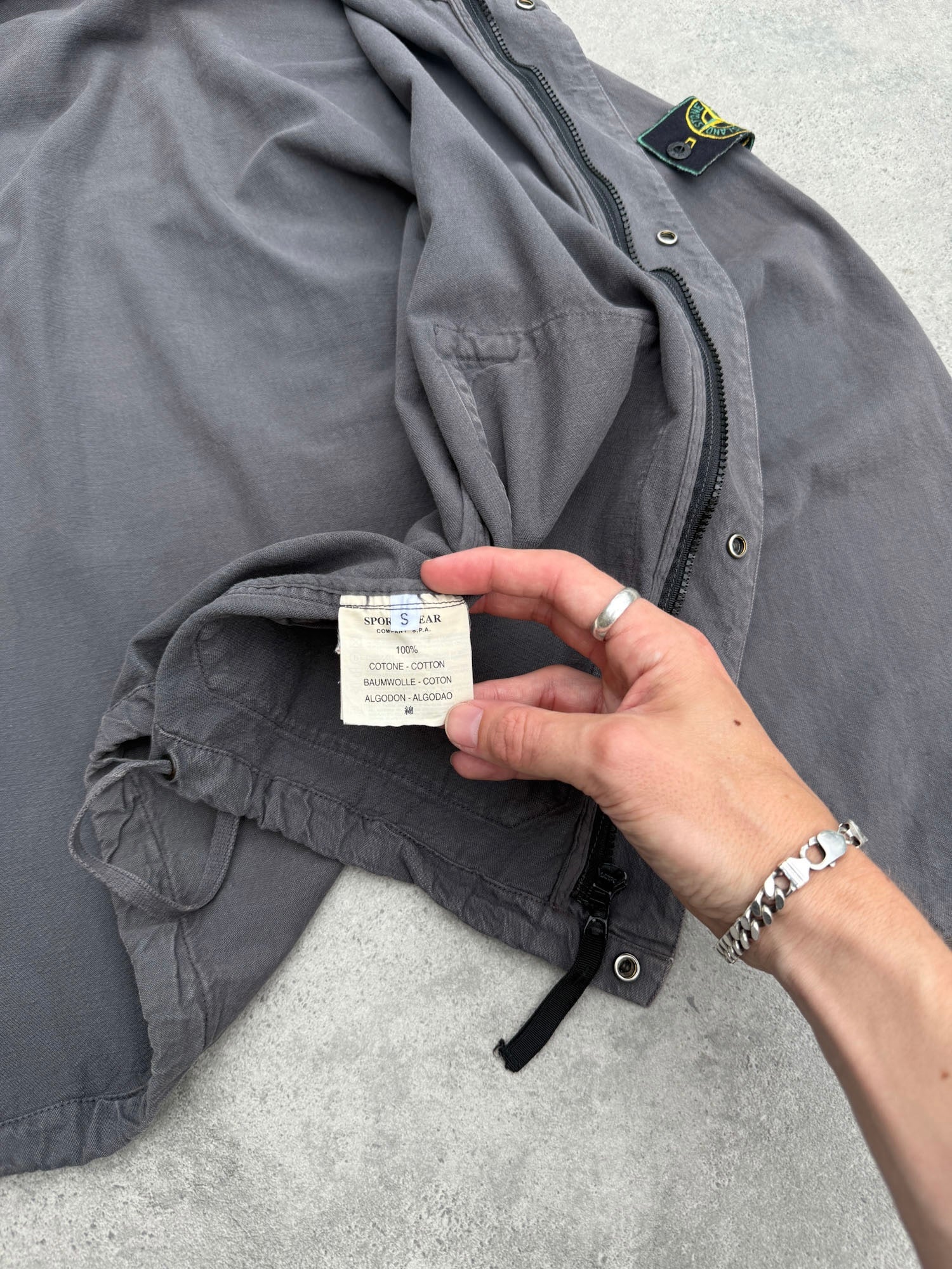 stone island s/s 1999 garment dyed hooded jacket, zip and storm placket detail