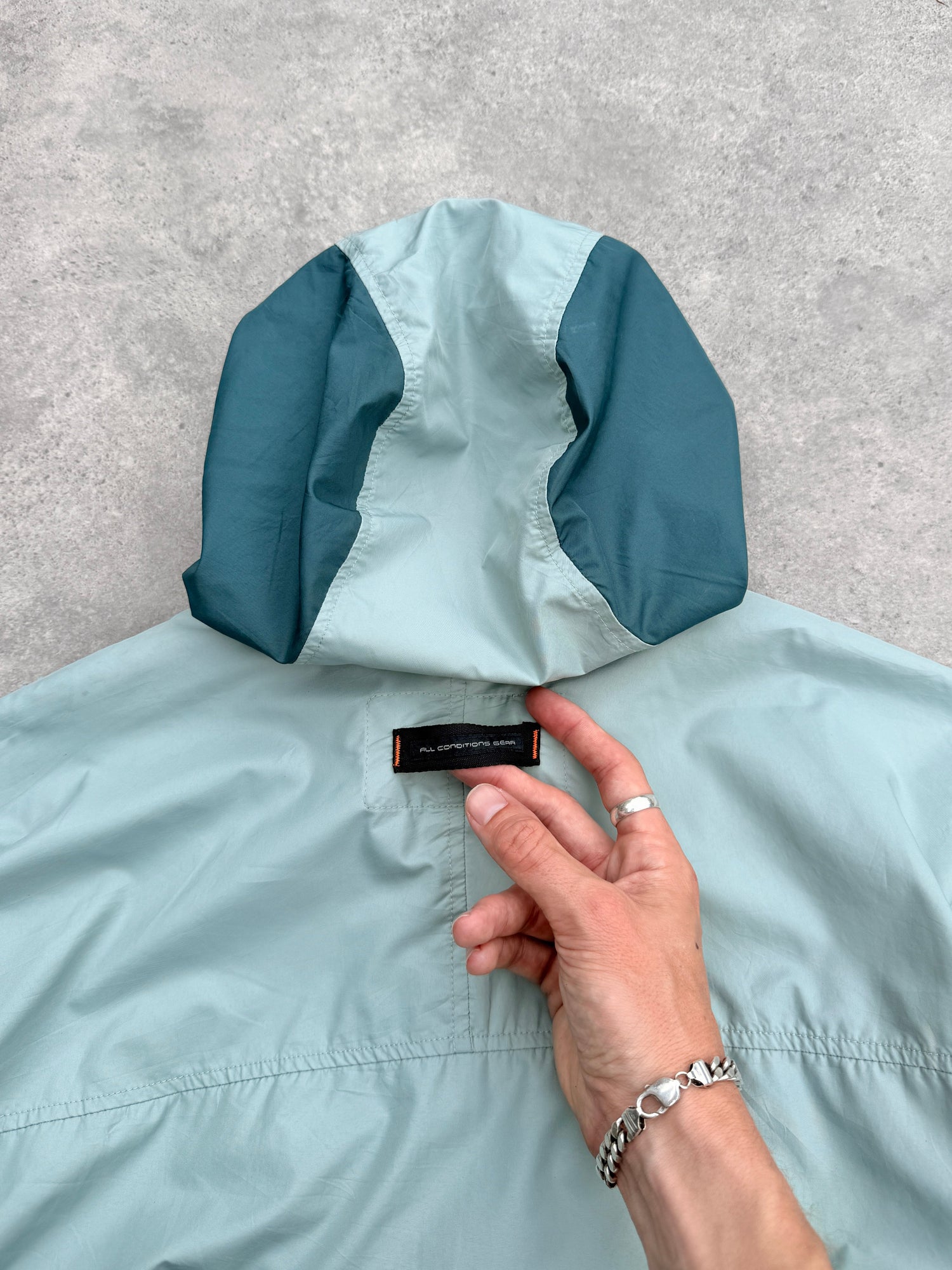 nike acg 1990s colour block packable jacket, orange neck loop detail