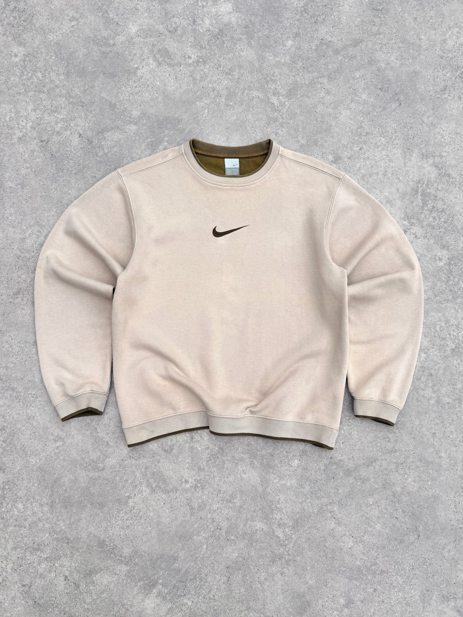 nike 2000s heavyweight embroidered swoosh sweatshirt in sand khaki, front view