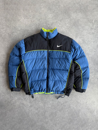 nike acg 1998 technical down fill puffer jacket in blue and black, front view