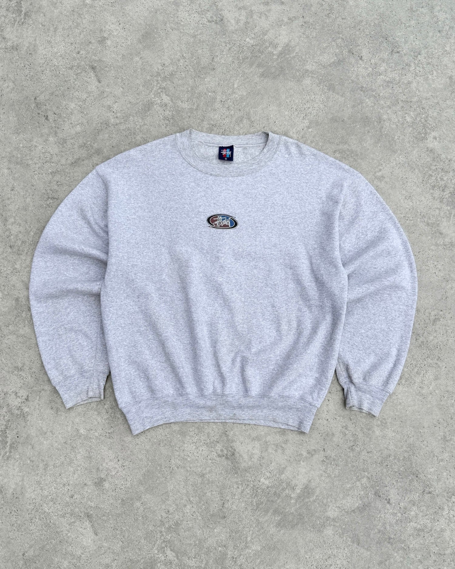 stussy 1990s heavyweight graphic sweatshirt in ash grey, back print view