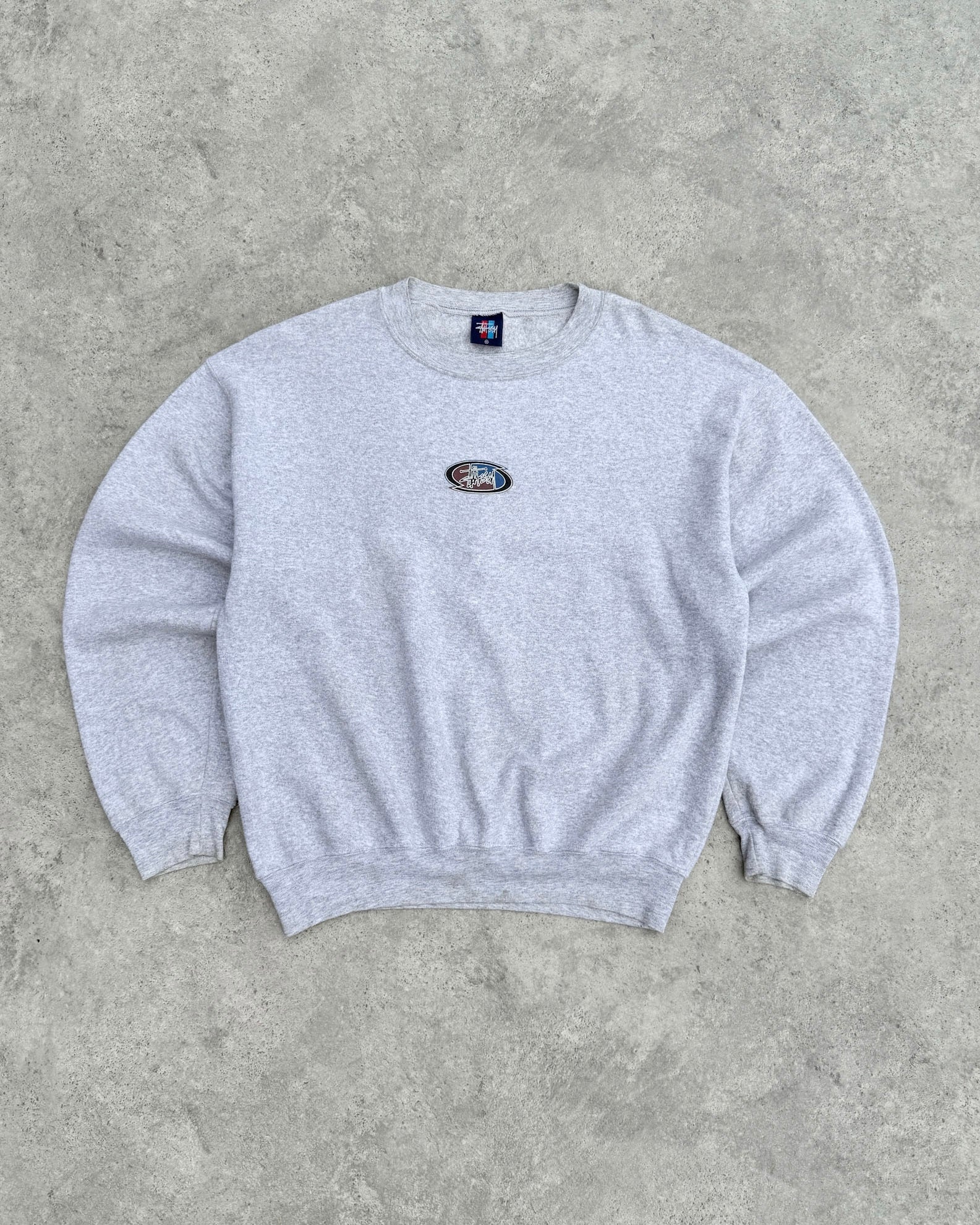 stussy 1990s heavyweight graphic sweatshirt in ash grey, back print view