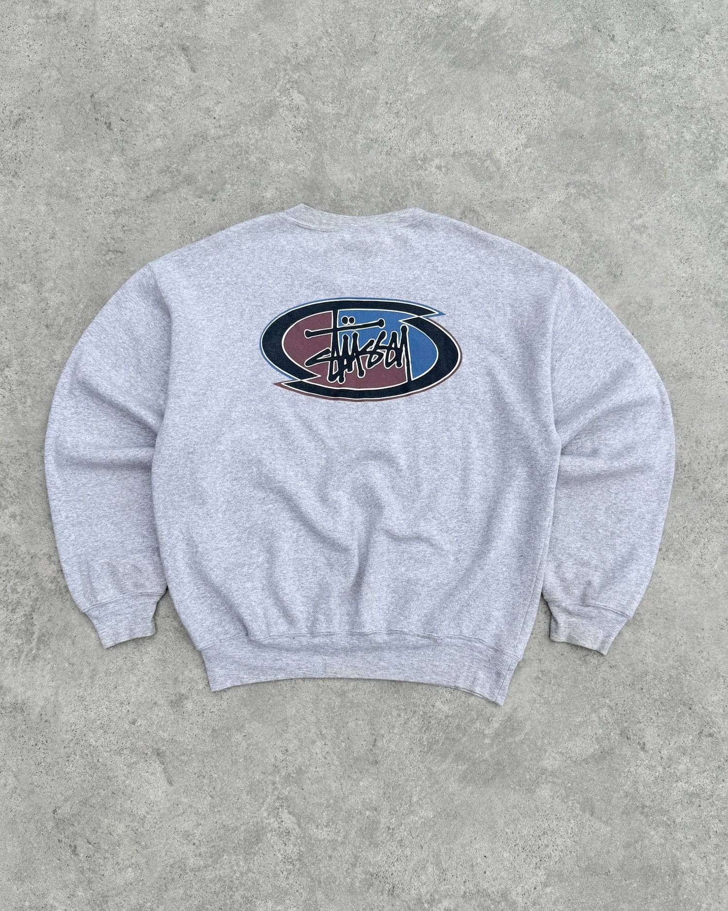 stussy 1990s heavyweight graphic sweatshirt in ash grey, front view