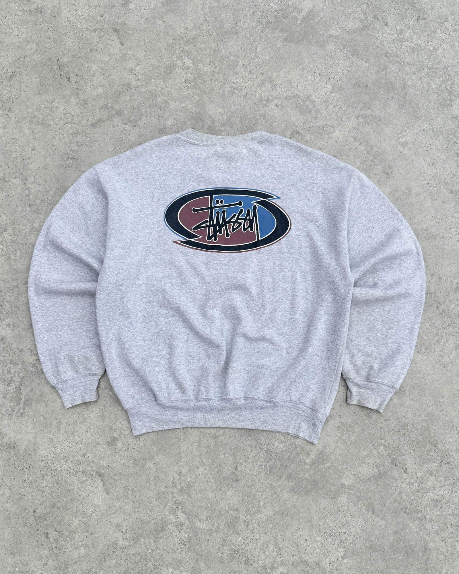 stussy 1990s heavyweight graphic sweatshirt in ash grey, front view