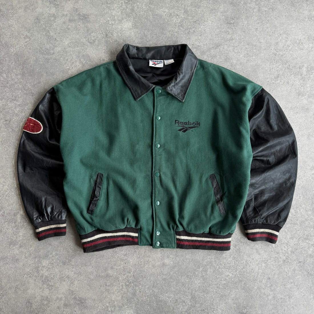 Reebok RARE 1990s heavyweight spellout leather varsity jacket (XL)
